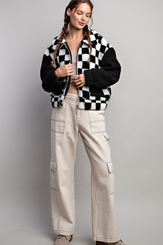 CHECKER PRINTED FUR JACKET