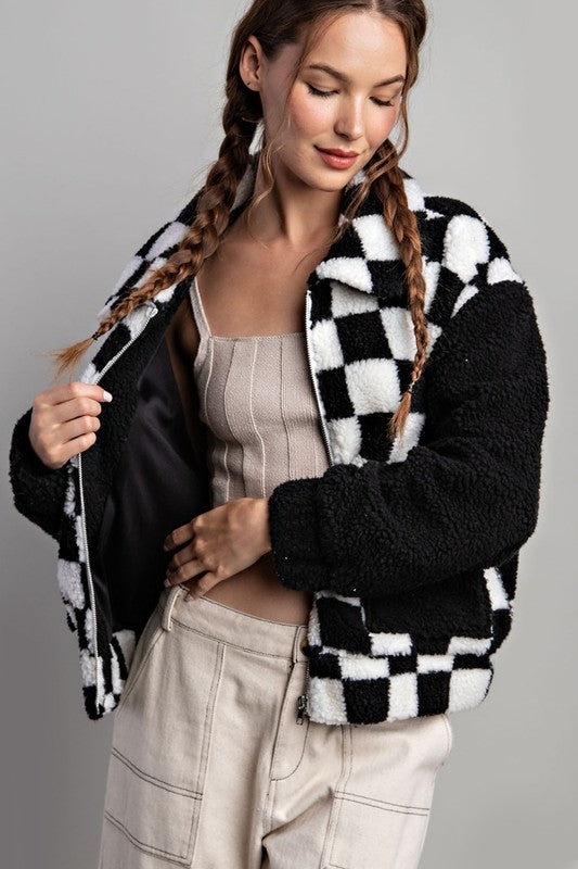 CHECKER PRINTED FUR JACKET