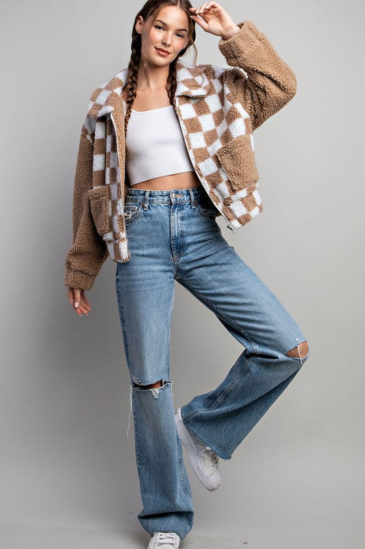 CHECKER PRINTED FUR JACKET