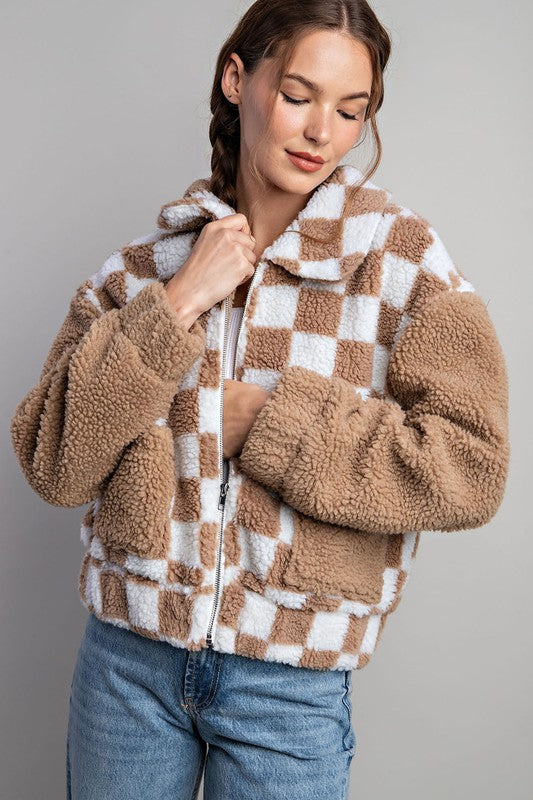 CHECKER PRINTED FUR JACKET