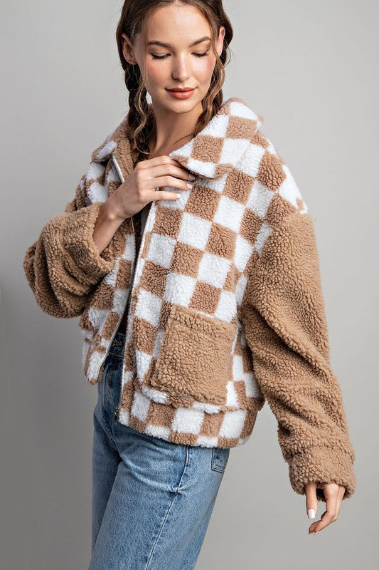 CHECKER PRINTED FUR JACKET