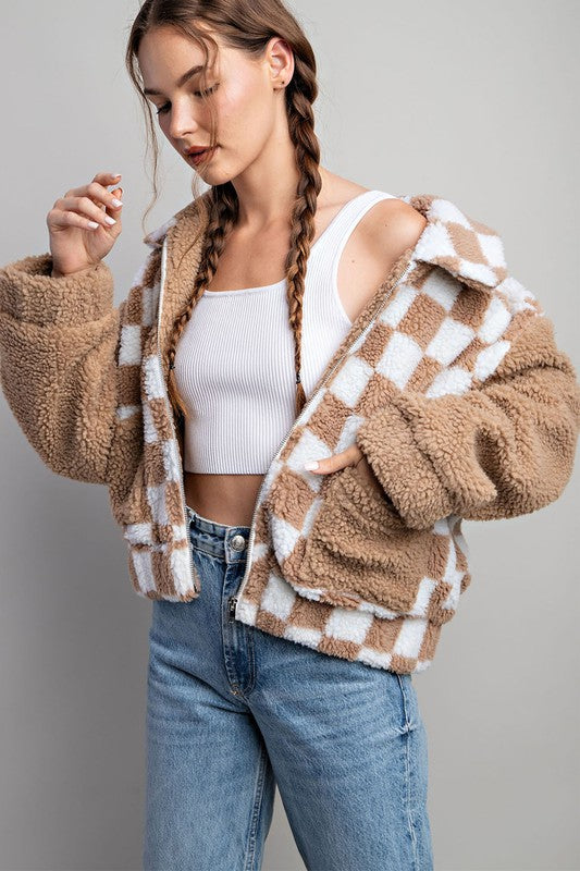 CHECKER PRINTED FUR JACKET