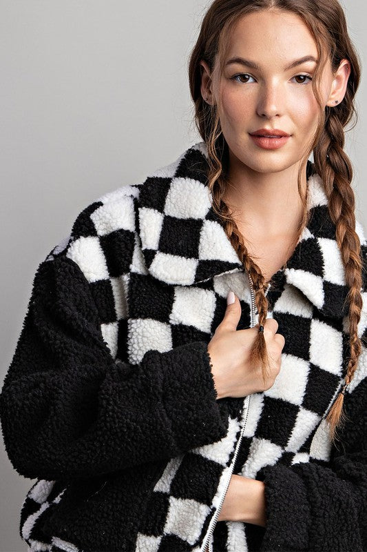 CHECKER PRINTED FUR JACKET