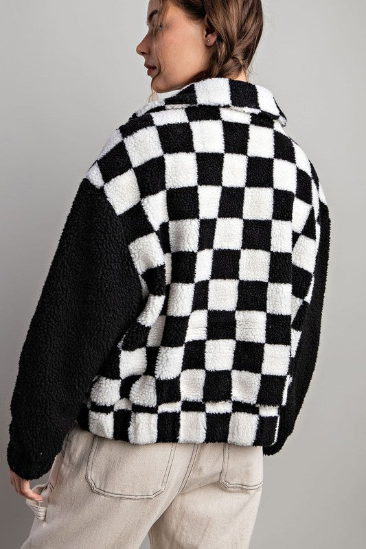 CHECKER PRINTED FUR JACKET