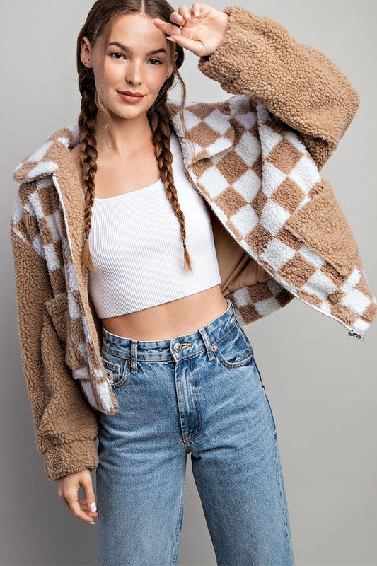 CHECKER PRINTED FUR JACKET