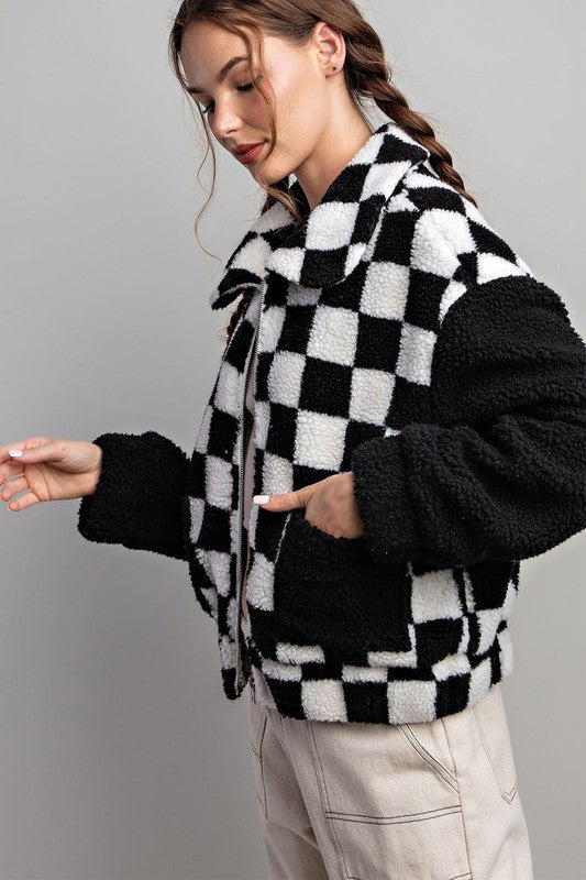 CHECKER PRINTED FUR JACKET