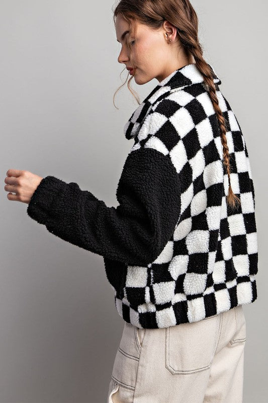 CHECKER PRINTED FUR JACKET