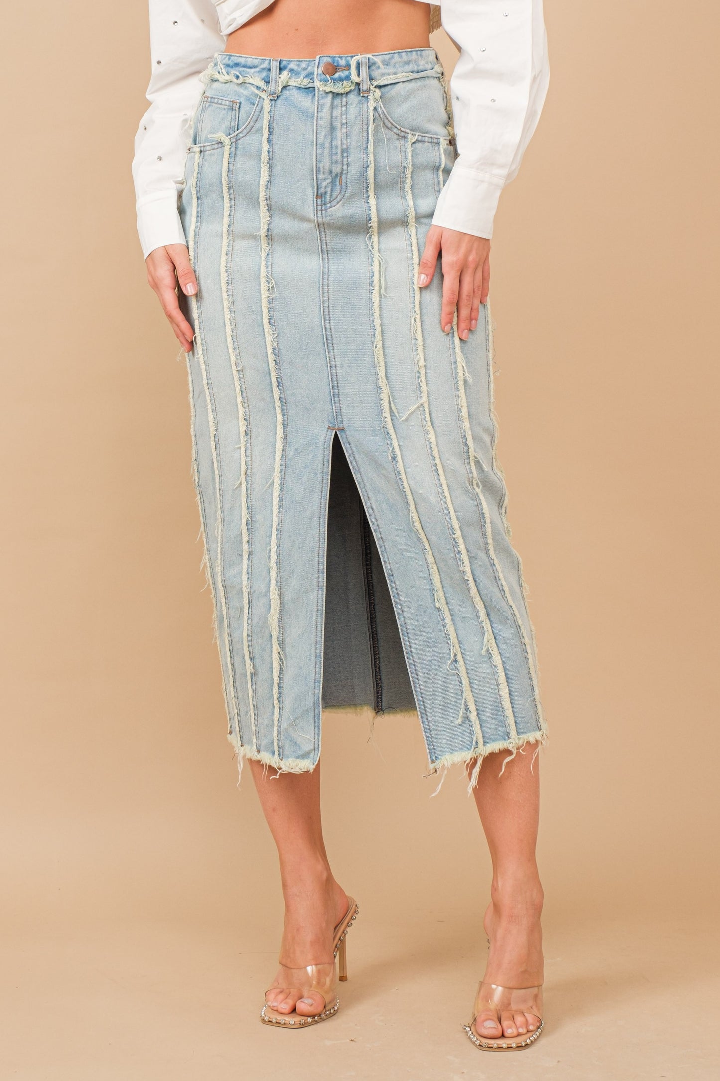 DISTRESSED SEAM SLIT AT FRONT MAXI DENIM SKIRT