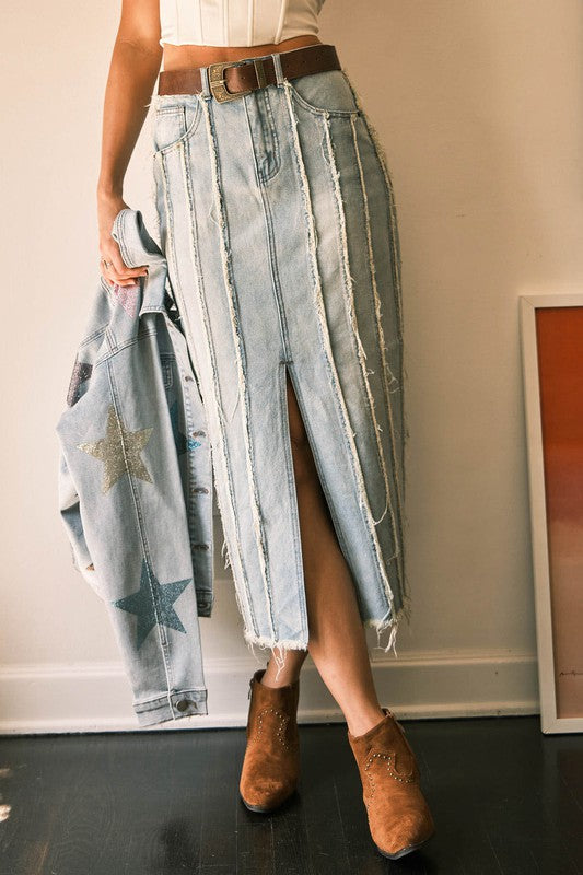 DISTRESSED SEAM SLIT AT FRONT MAXI DENIM SKIRT