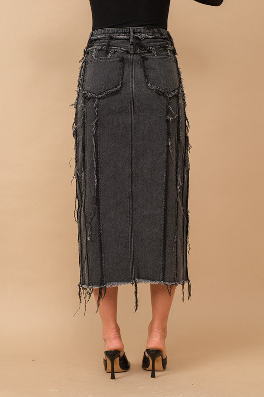 DISTRESSED SEAM SLIT AT FRONT MAXI DENIM SKIRT