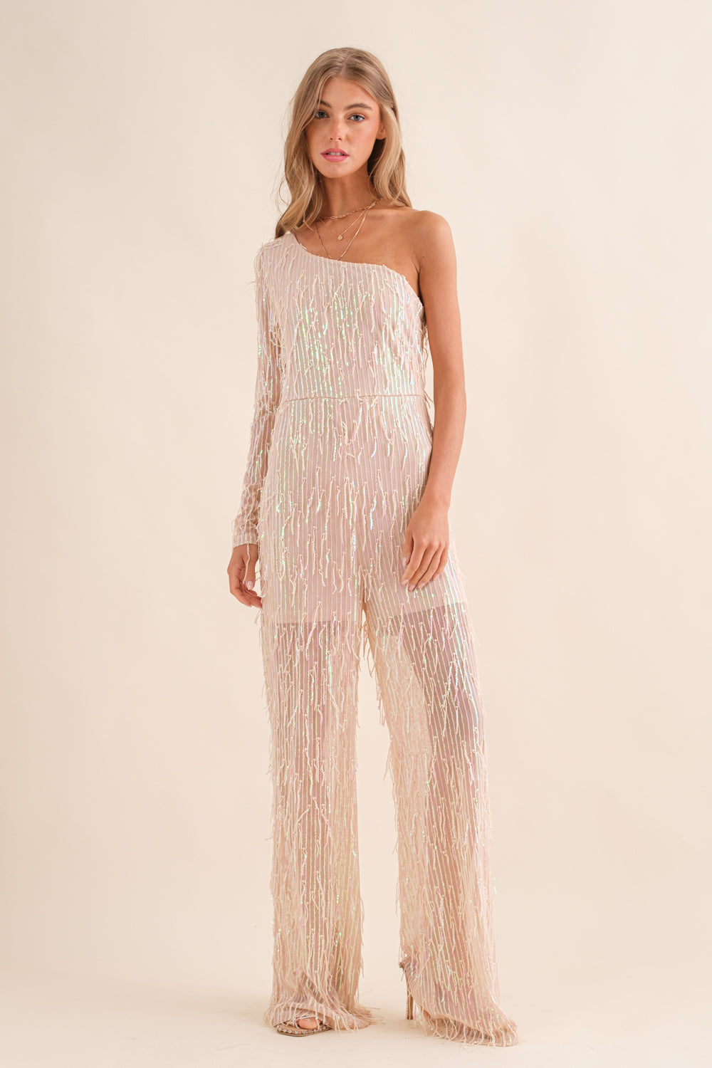 SEQUIN FRINGE ONE SHOULDER JUMPSUIT