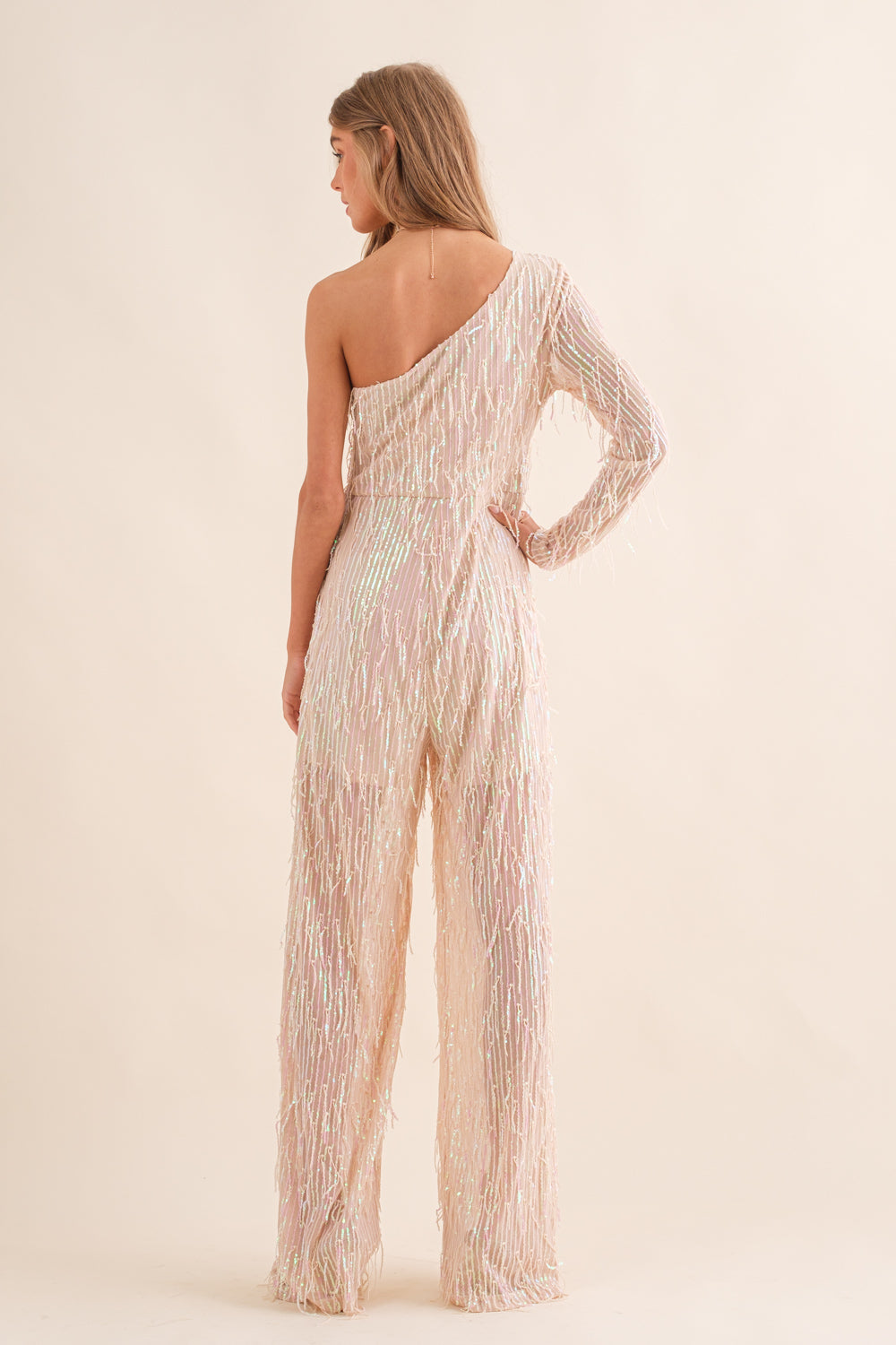 SEQUIN FRINGE ONE SHOULDER JUMPSUIT