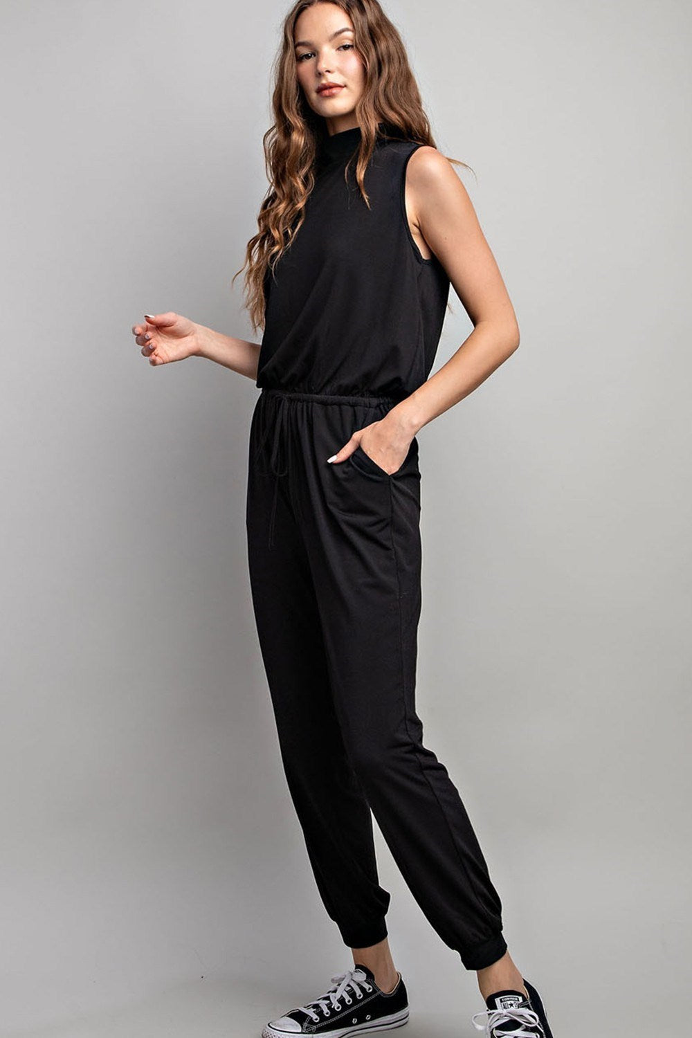 SLEEVELESS MOCK NECK JUMPSUIT