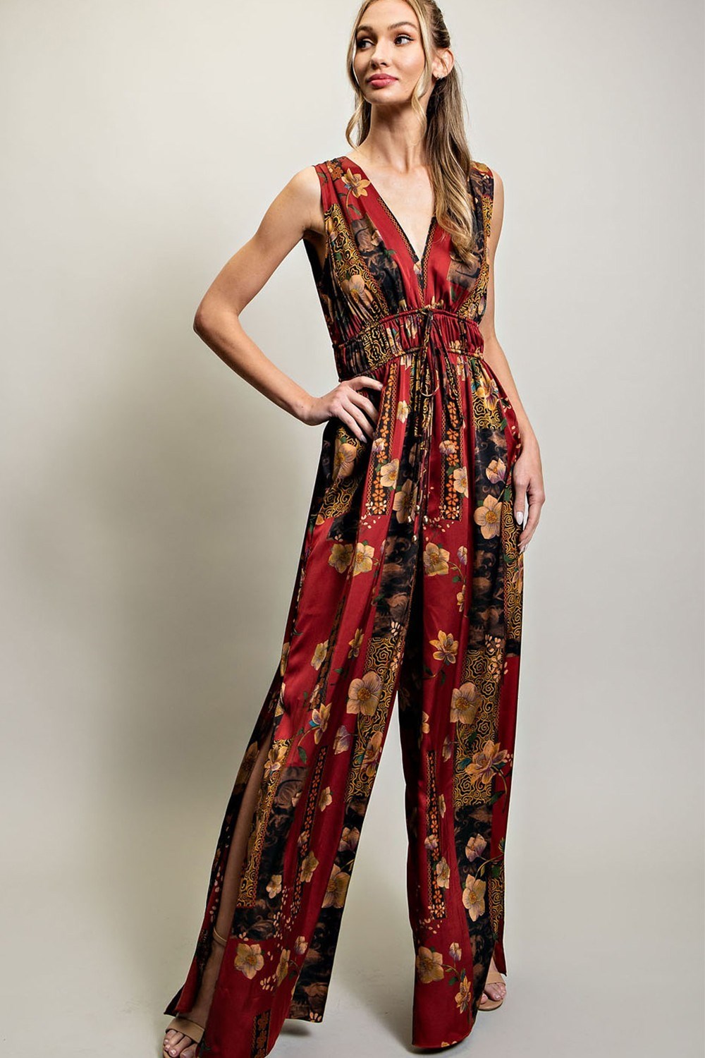 V NECK DRAWSTRING JUMPSUIT
