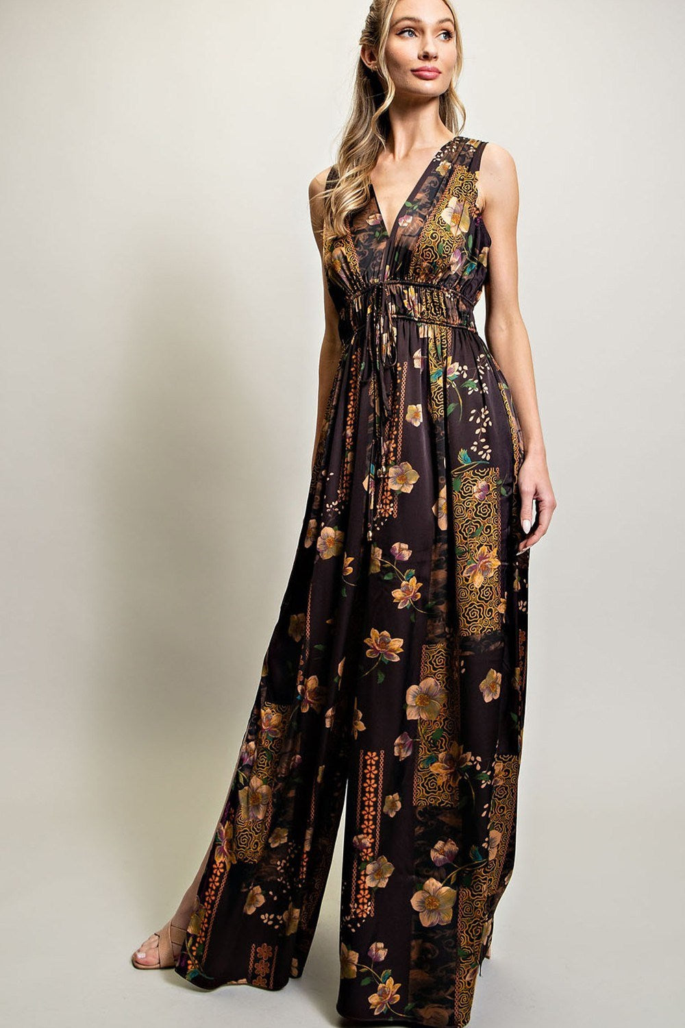 V NECK DRAWSTRING JUMPSUIT