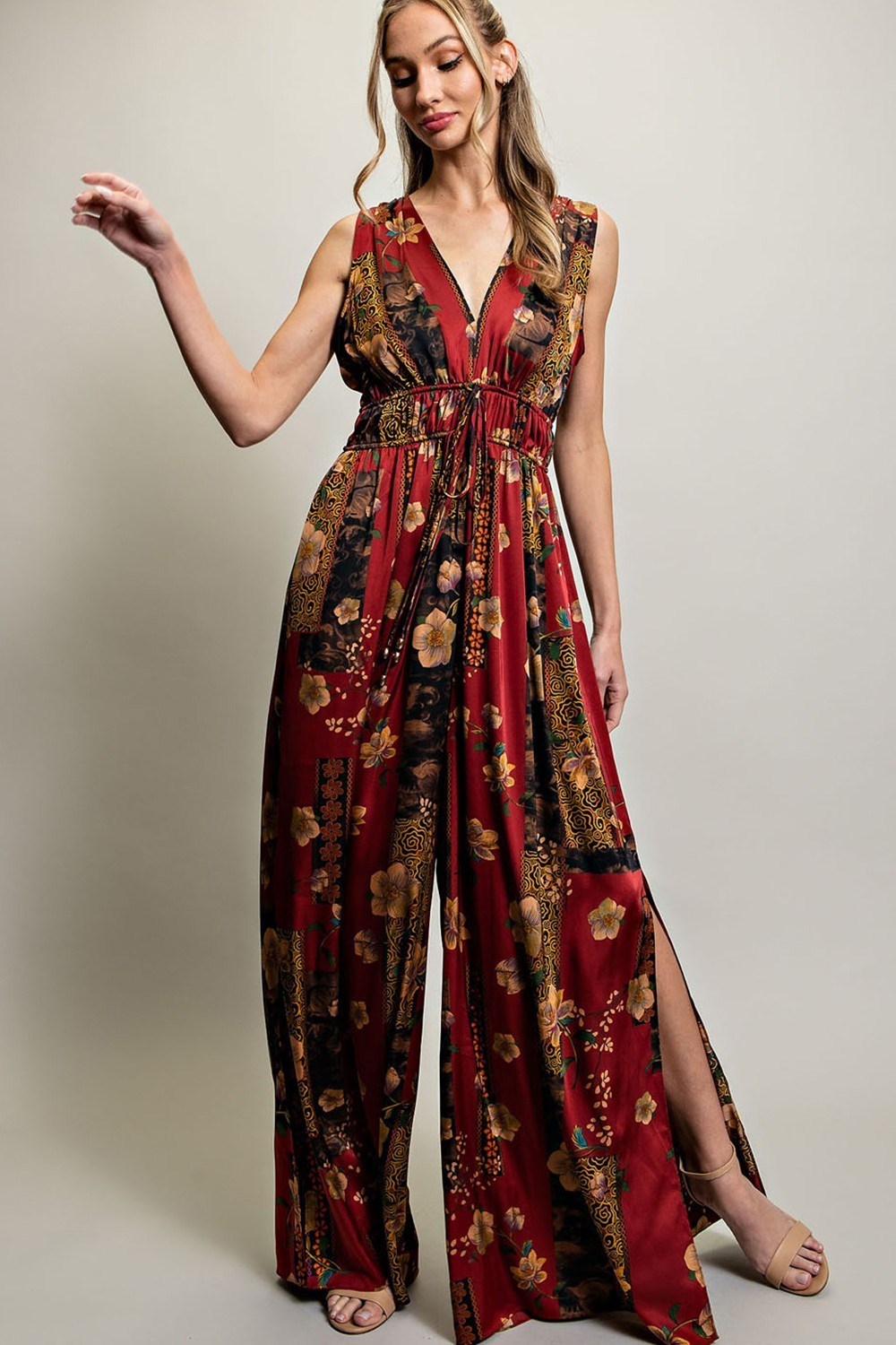 V NECK DRAWSTRING JUMPSUIT