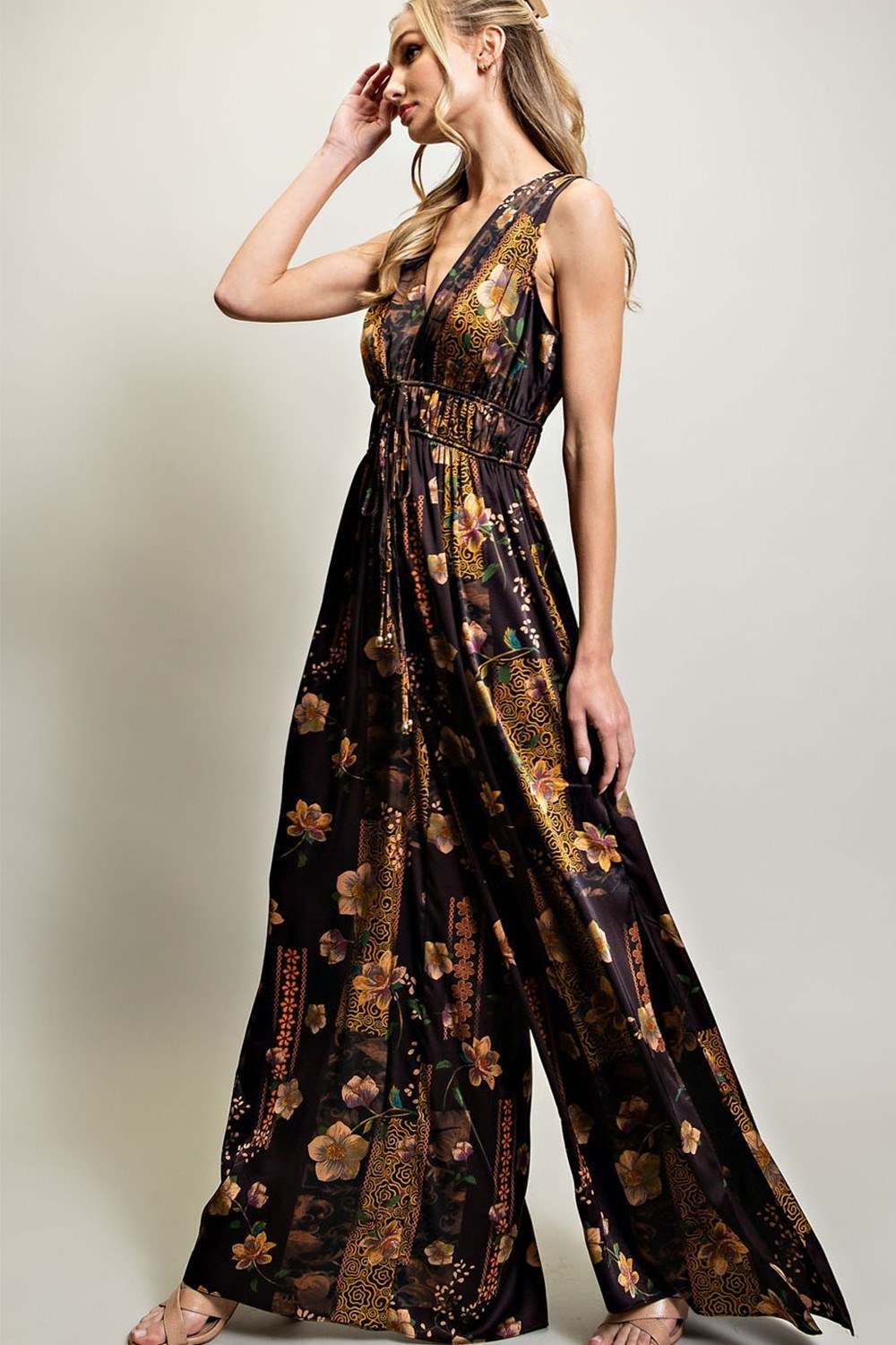 V NECK DRAWSTRING JUMPSUIT