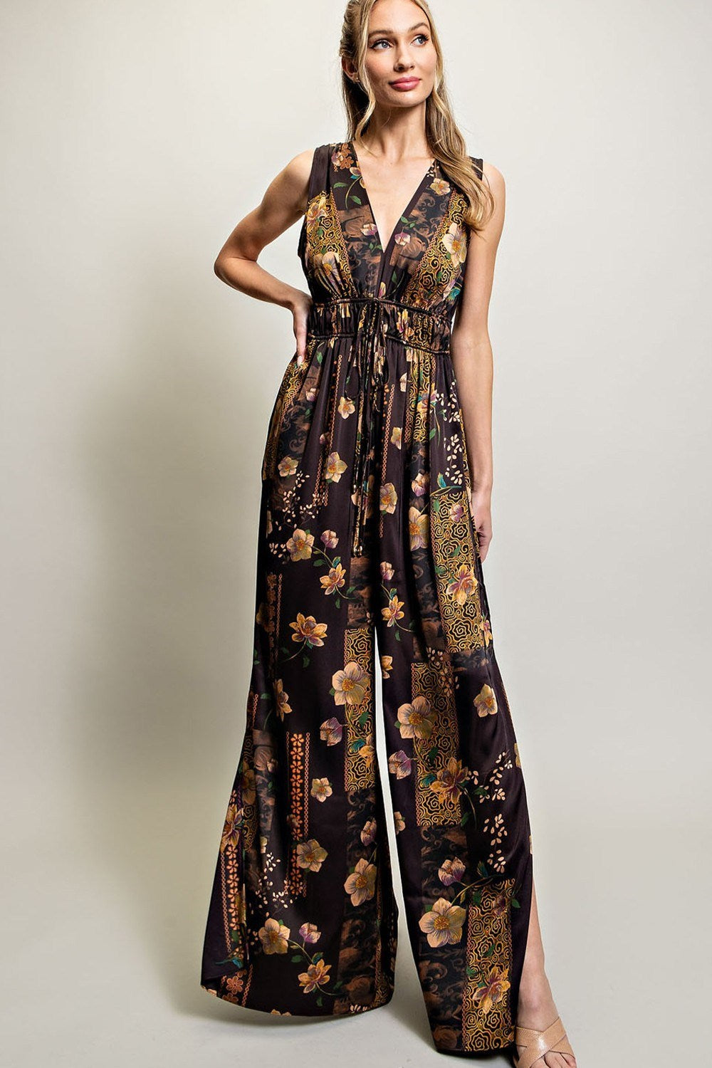 V NECK DRAWSTRING JUMPSUIT