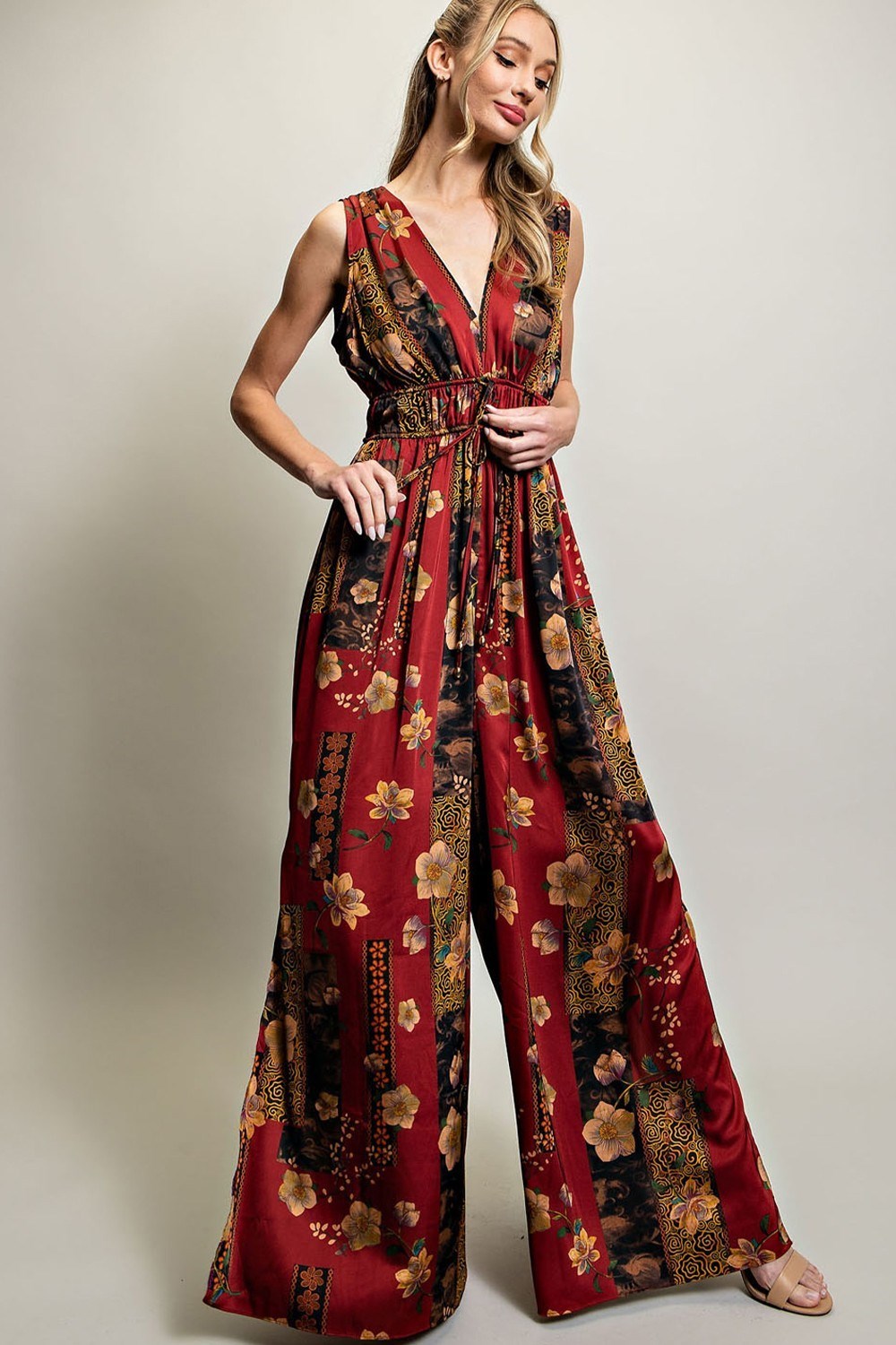 V NECK DRAWSTRING JUMPSUIT