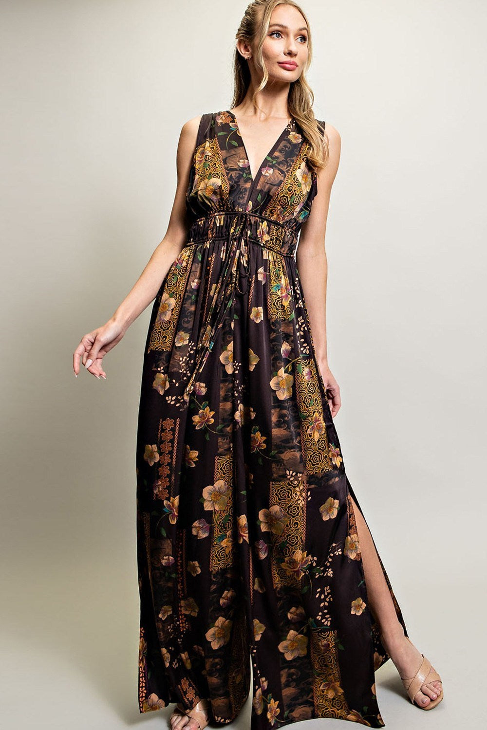 V NECK DRAWSTRING JUMPSUIT