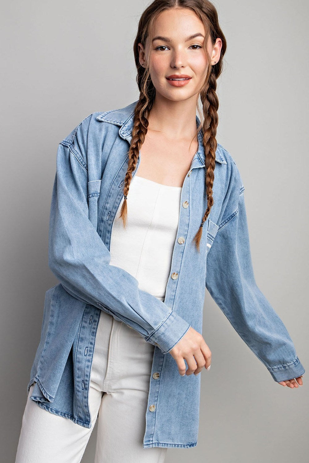 SMILE DENIM BUTTON DOWN SHIRT