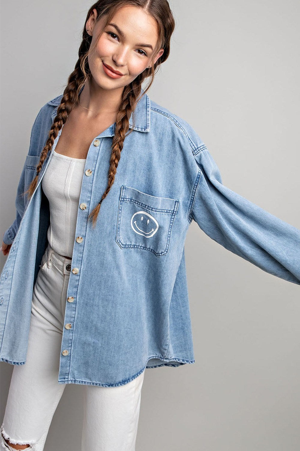SMILE DENIM BUTTON DOWN SHIRT