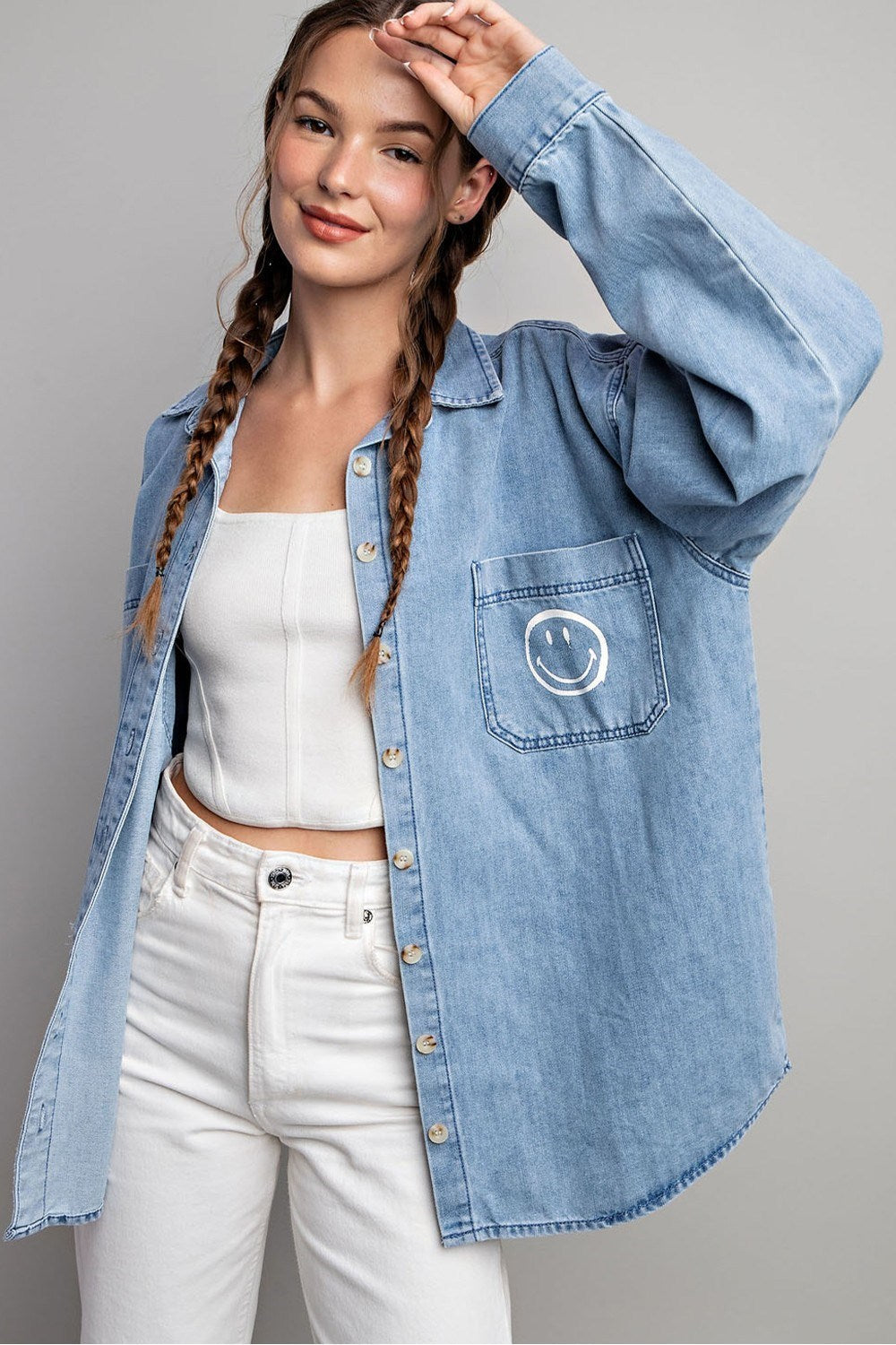SMILE DENIM BUTTON DOWN SHIRT