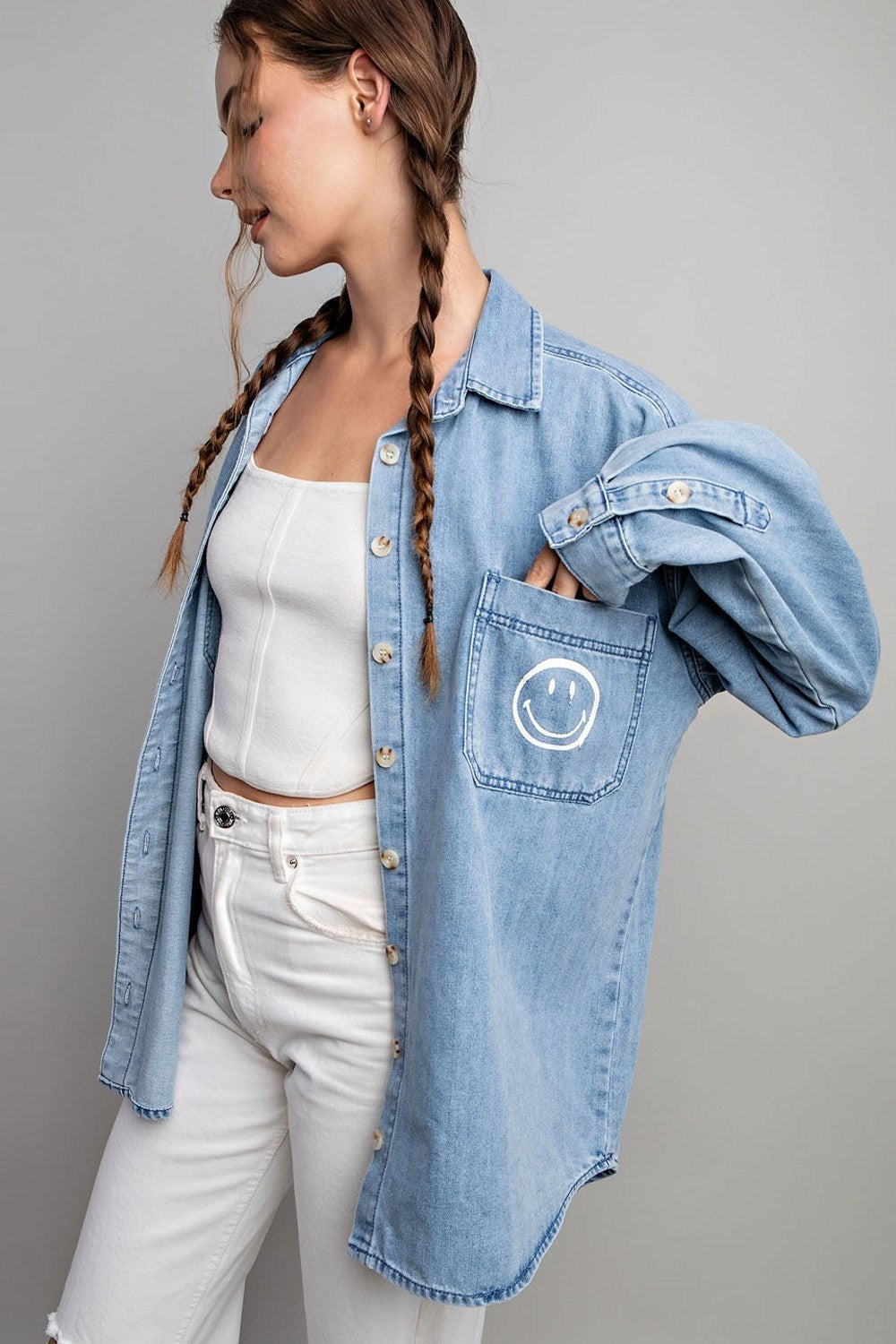 SMILE DENIM BUTTON DOWN SHIRT