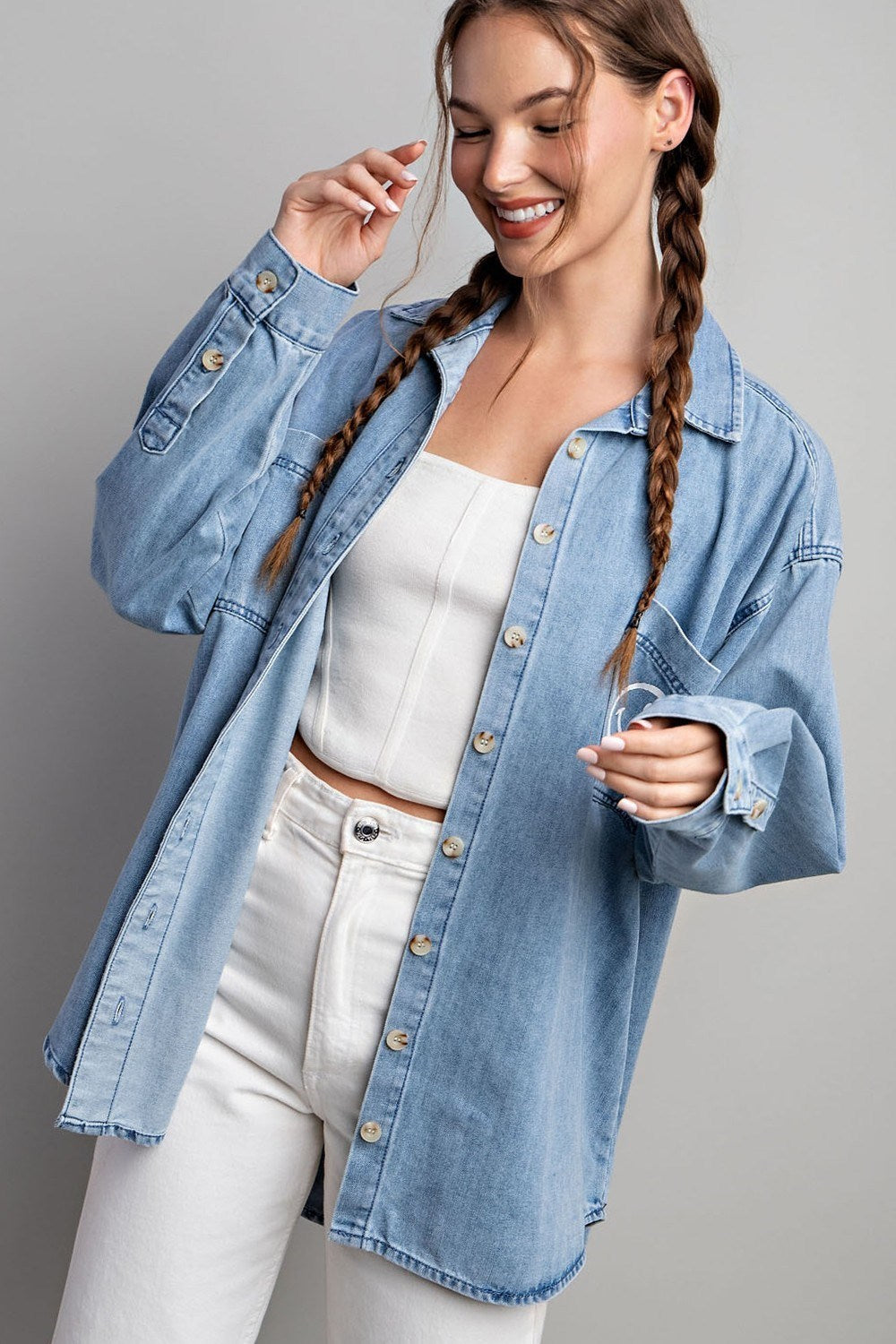 SMILE DENIM BUTTON DOWN SHIRT