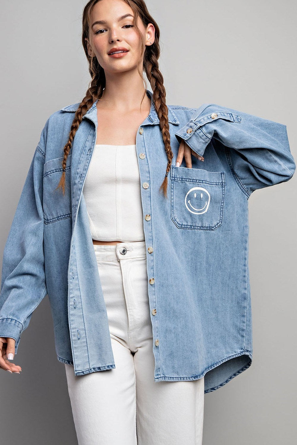 SMILE DENIM BUTTON DOWN SHIRT