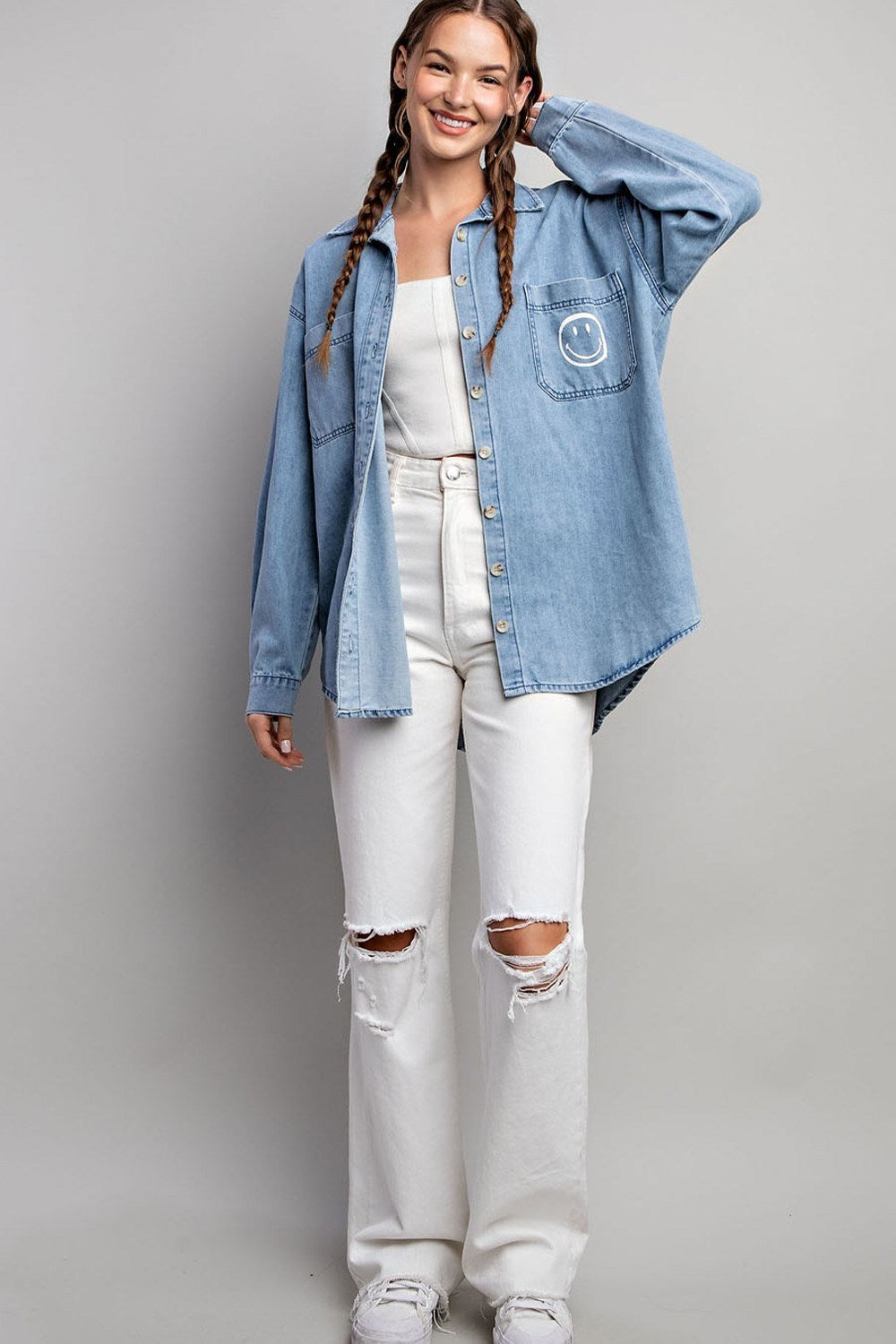 SMILE DENIM BUTTON DOWN SHIRT