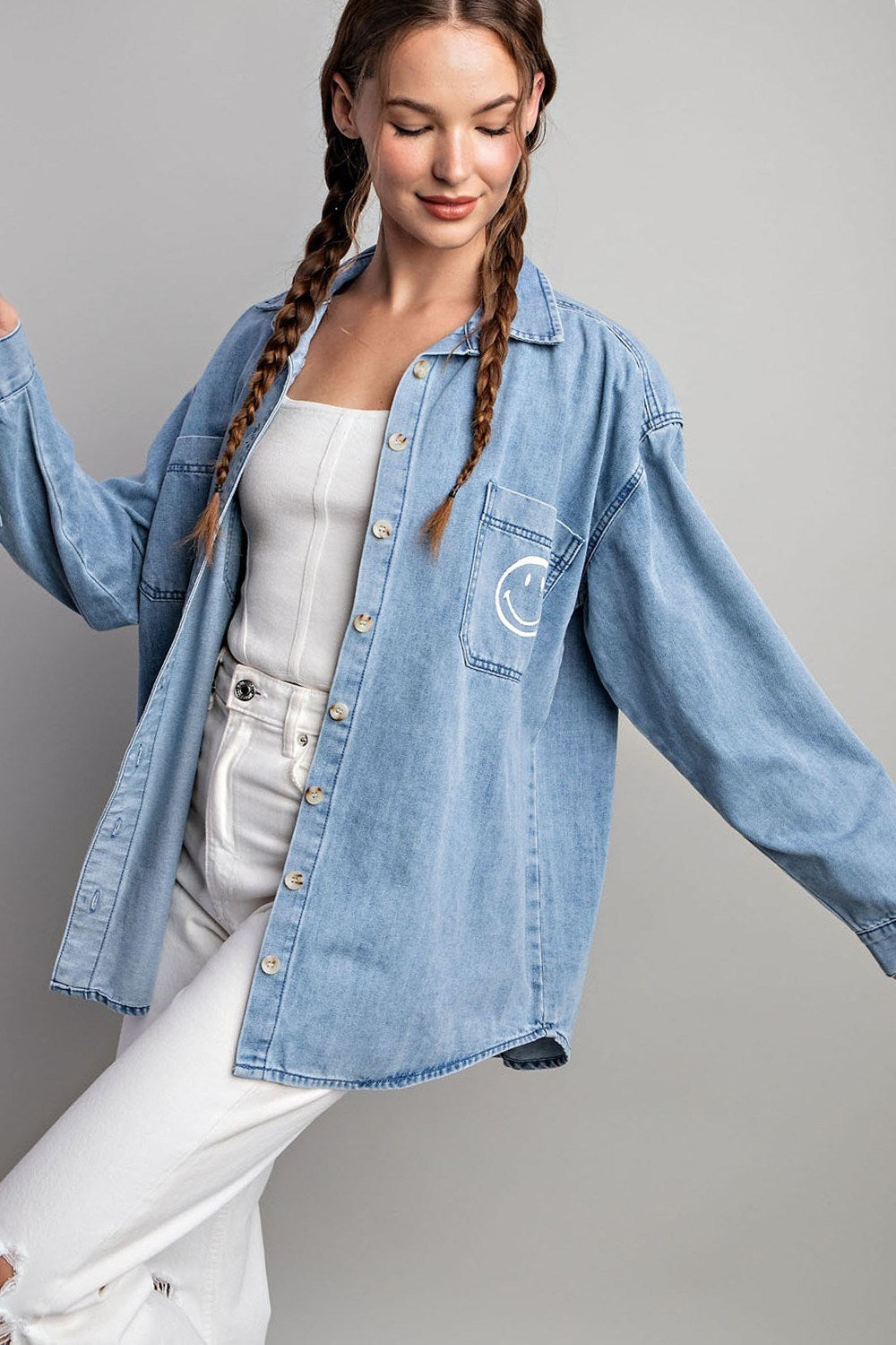 SMILE DENIM BUTTON DOWN SHIRT