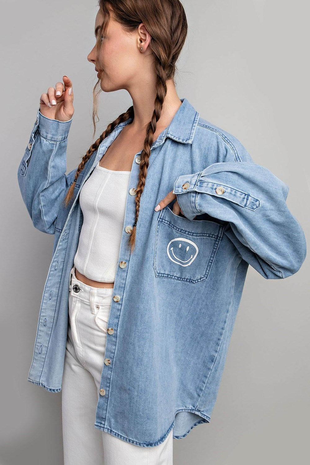 SMILE DENIM BUTTON DOWN SHIRT