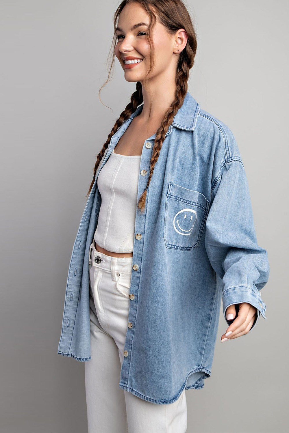 SMILE DENIM BUTTON DOWN SHIRT