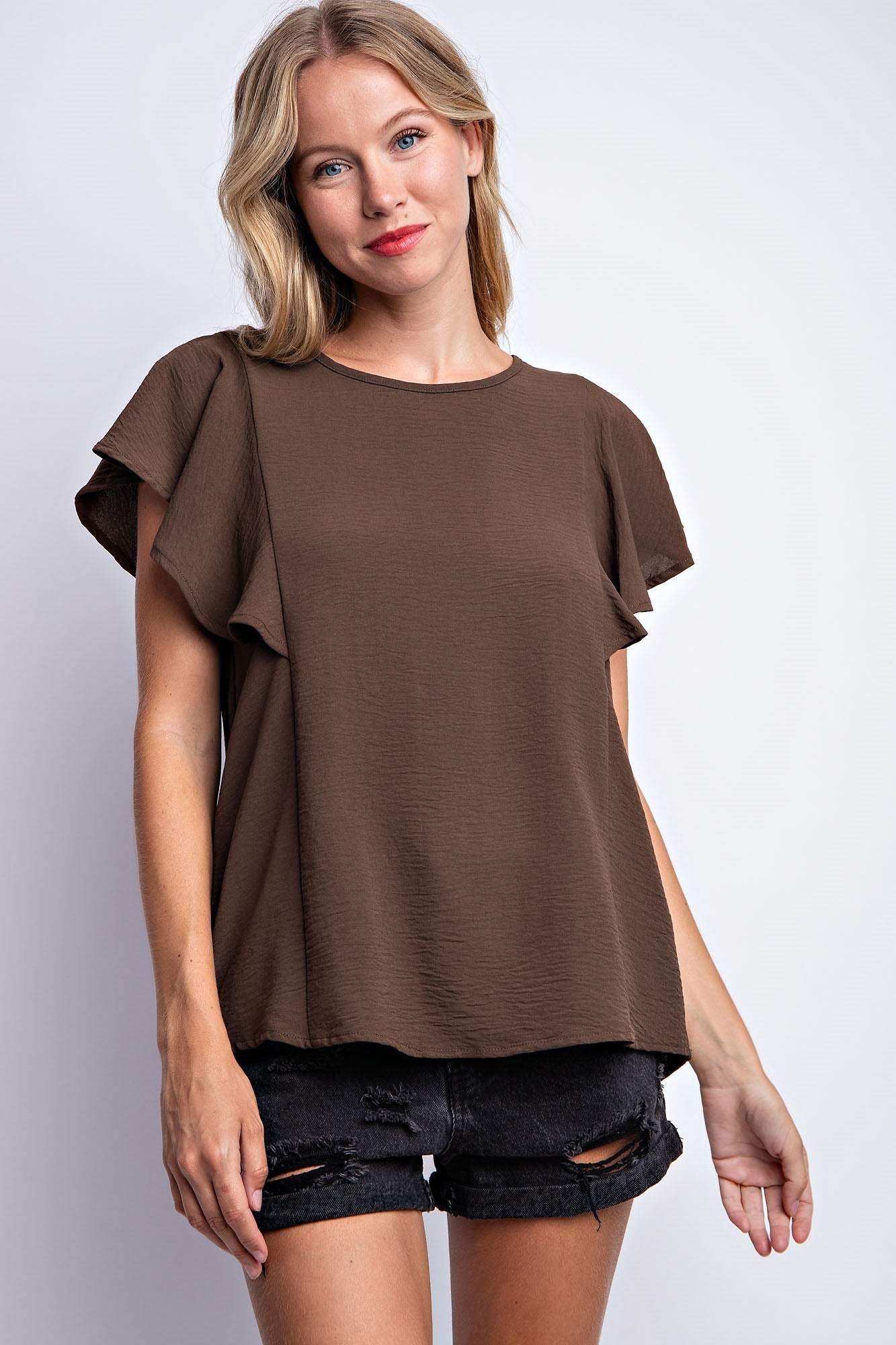 RUFFLED SLEEVE SOLID STRETCH BLOUSE
