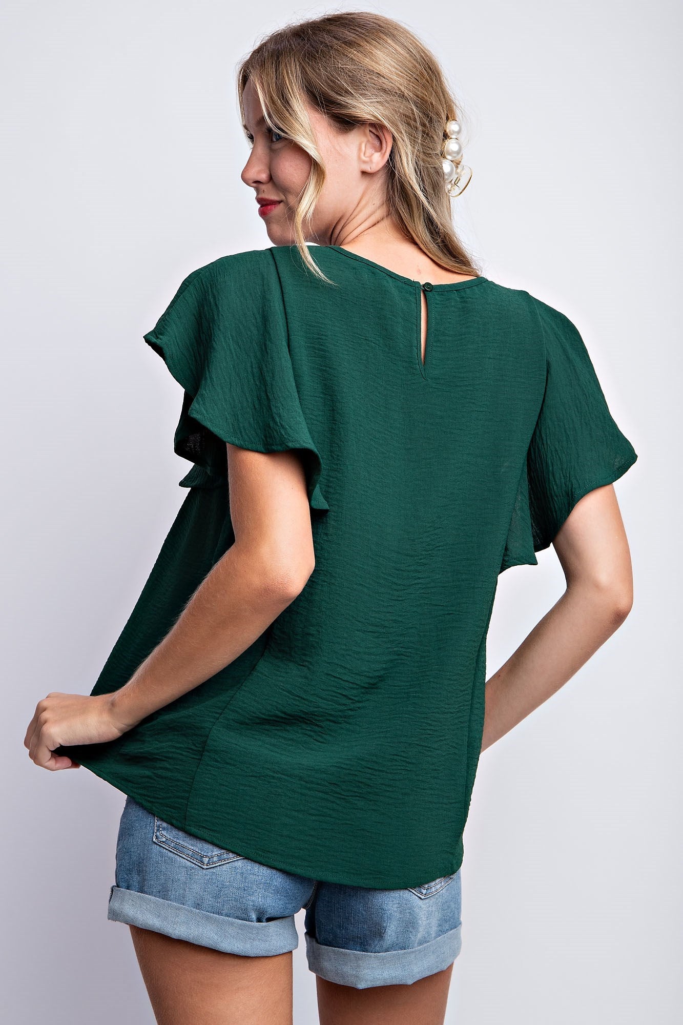 RUFFLED SLEEVE SOLID STRETCH BLOUSE