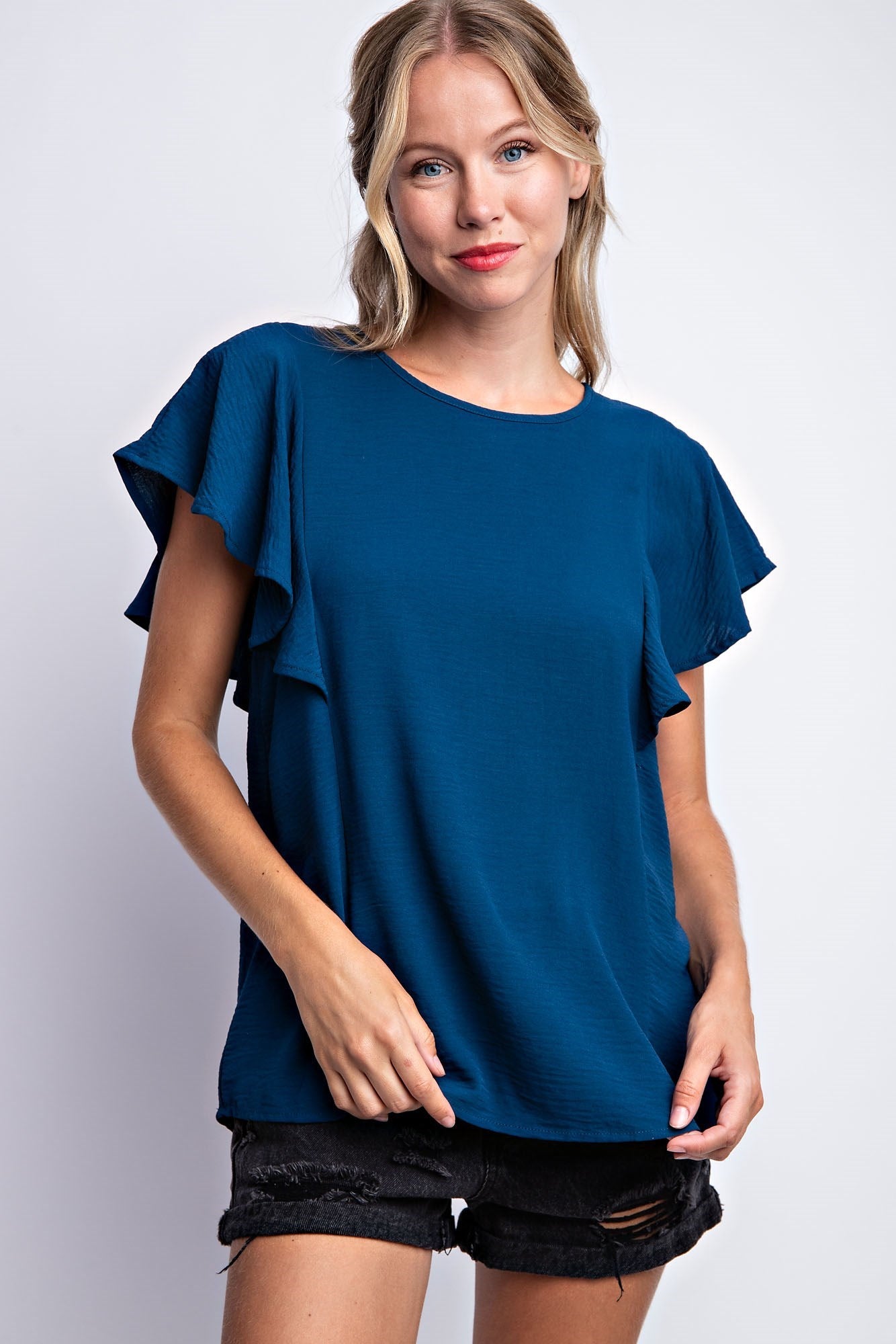 RUFFLED SLEEVE SOLID STRETCH BLOUSE
