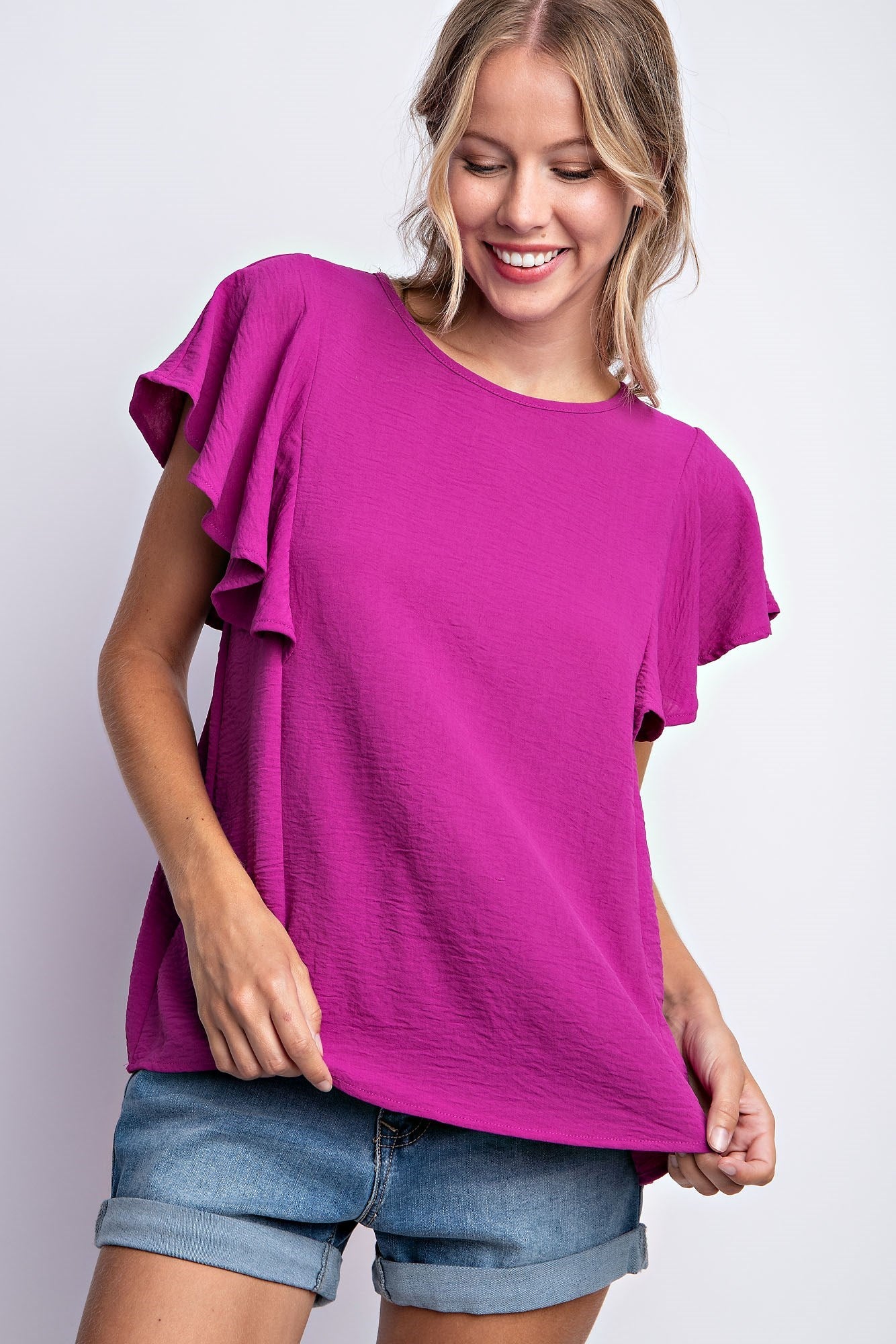 RUFFLED SLEEVE SOLID STRETCH BLOUSE