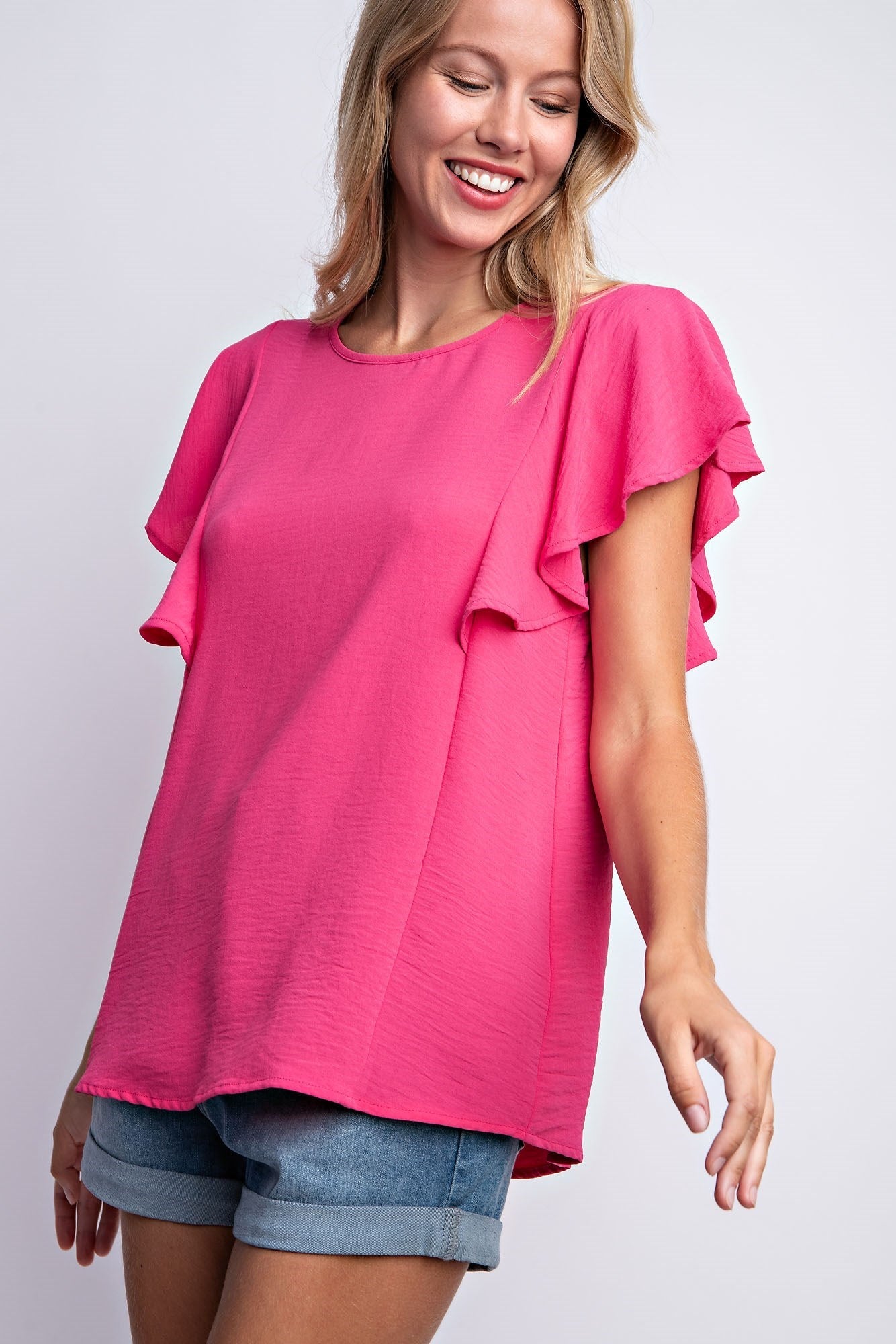 RUFFLED SLEEVE SOLID STRETCH BLOUSE