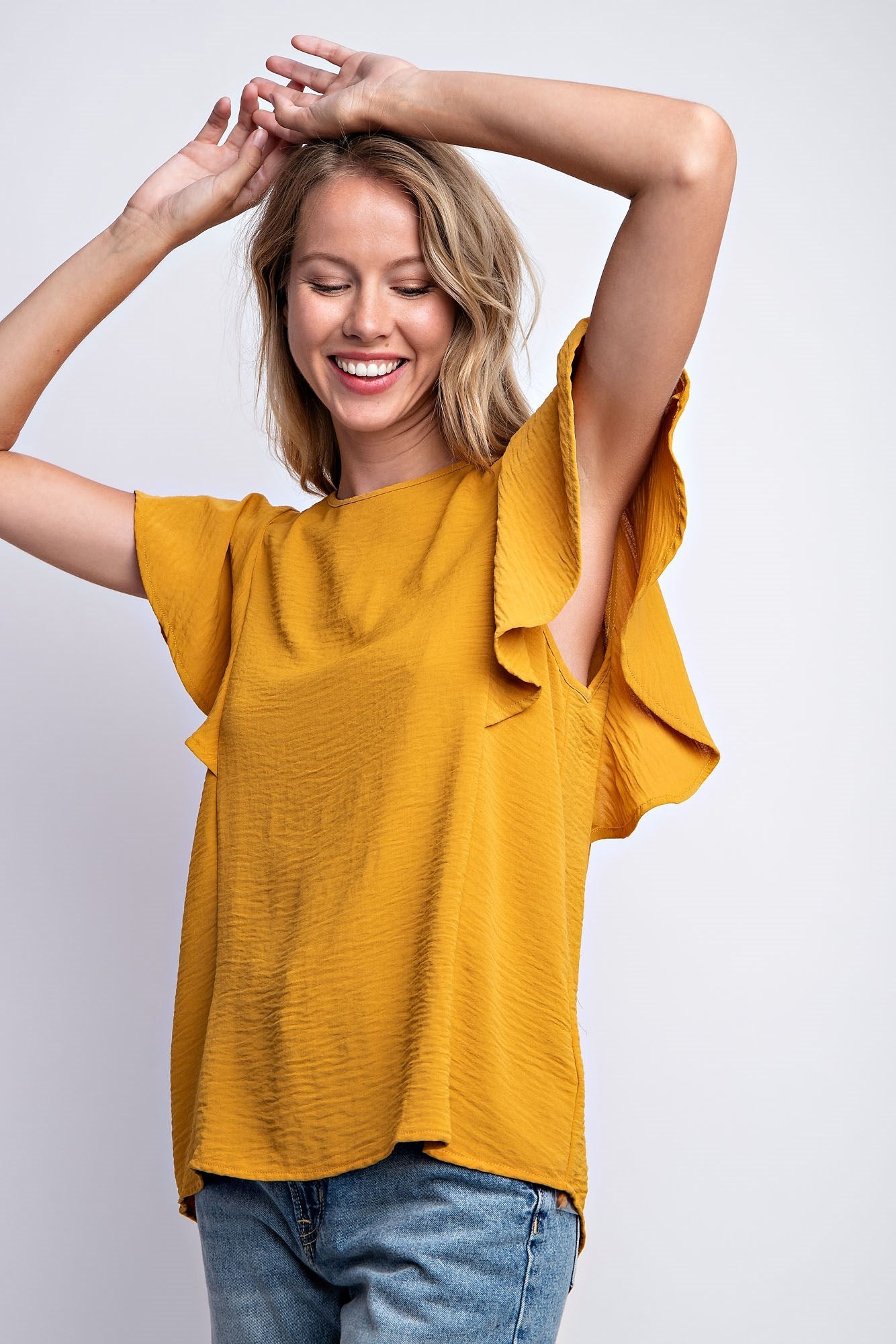 RUFFLED SLEEVE SOLID STRETCH BLOUSE