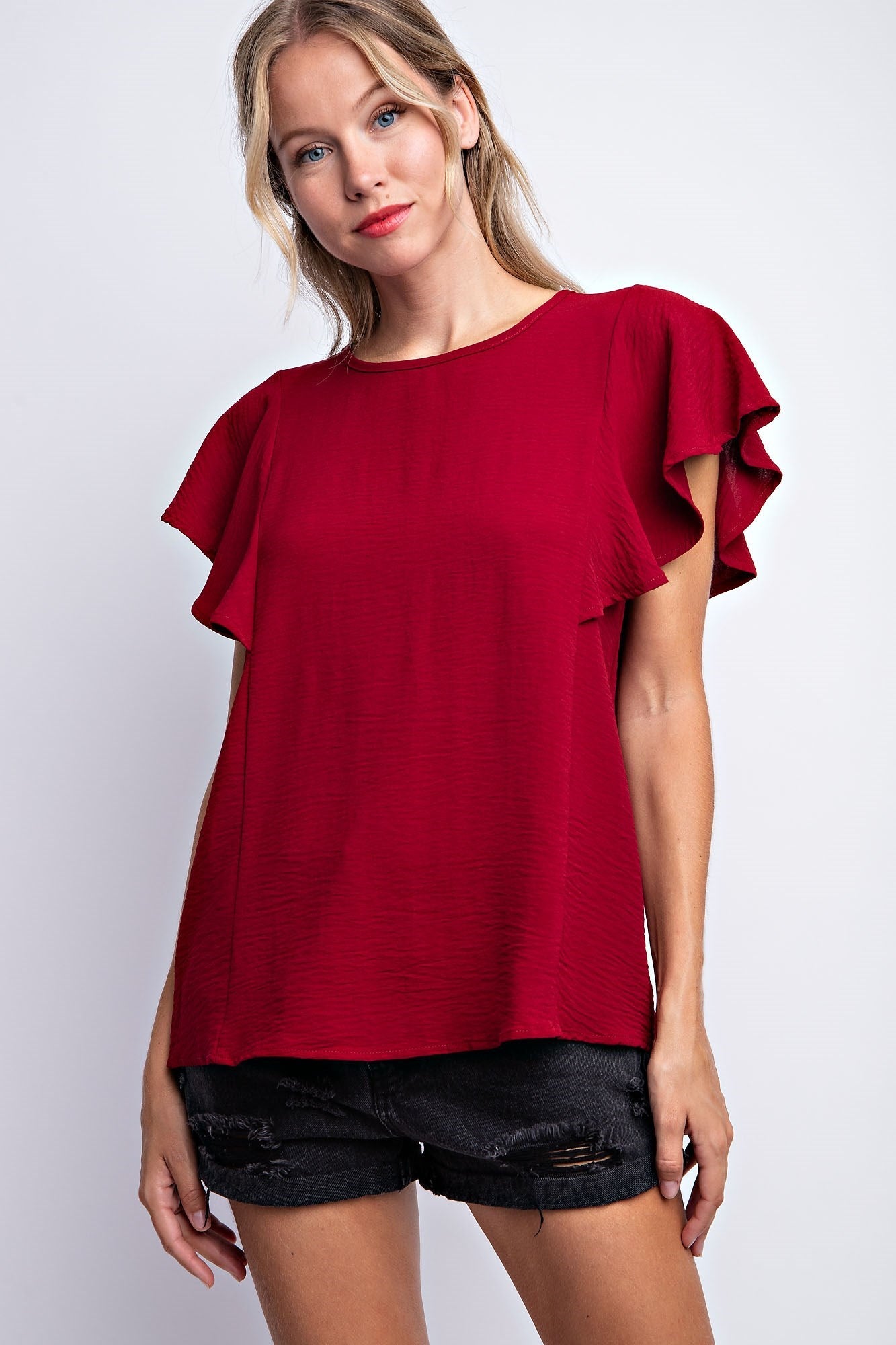RUFFLED SLEEVE SOLID STRETCH BLOUSE