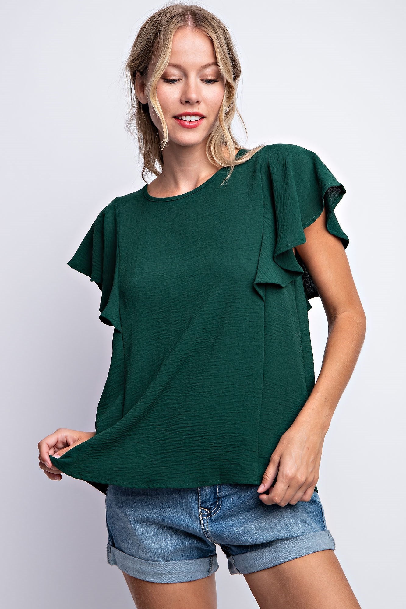 RUFFLED SLEEVE SOLID STRETCH BLOUSE