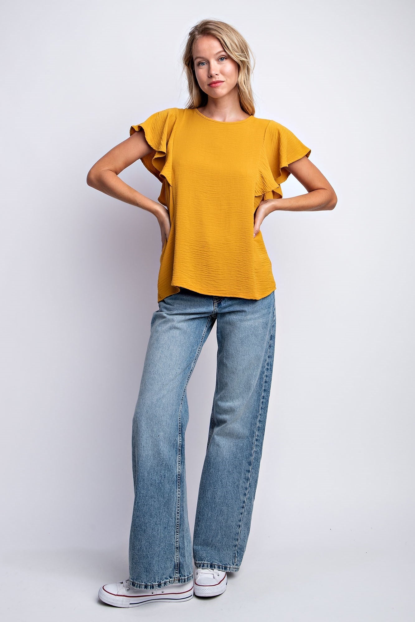 RUFFLED SLEEVE SOLID STRETCH BLOUSE