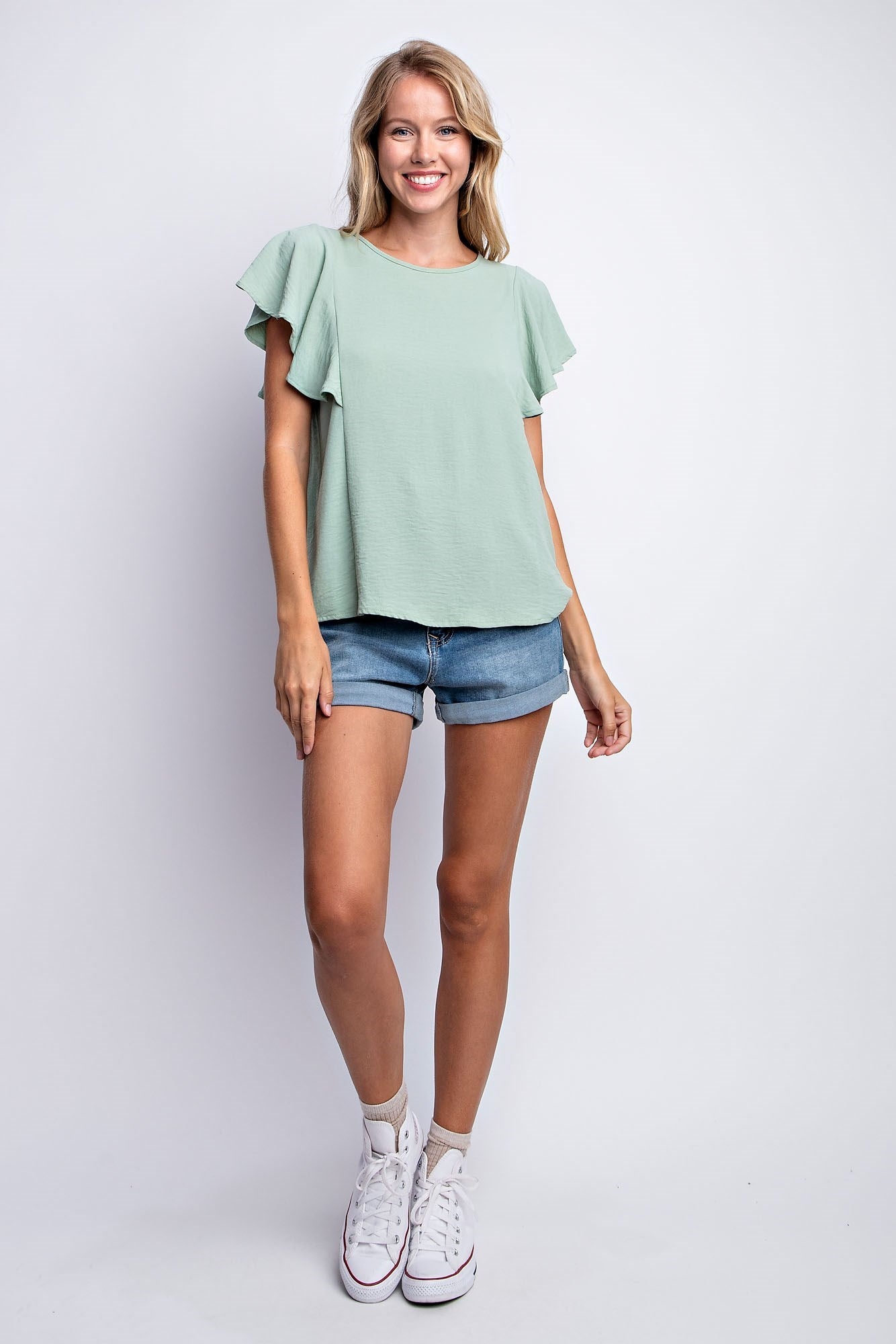 RUFFLED SLEEVE SOLID STRETCH BLOUSE