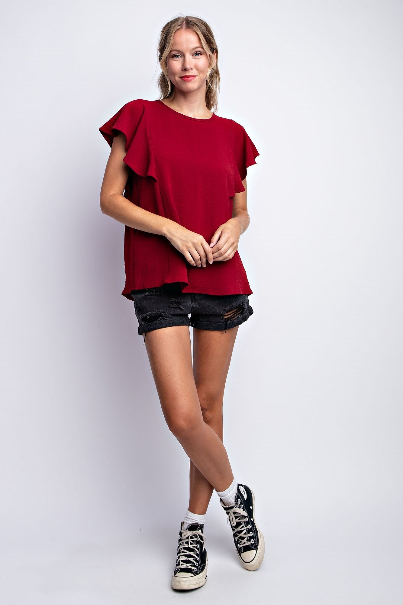 RUFFLED SLEEVE SOLID STRETCH BLOUSE