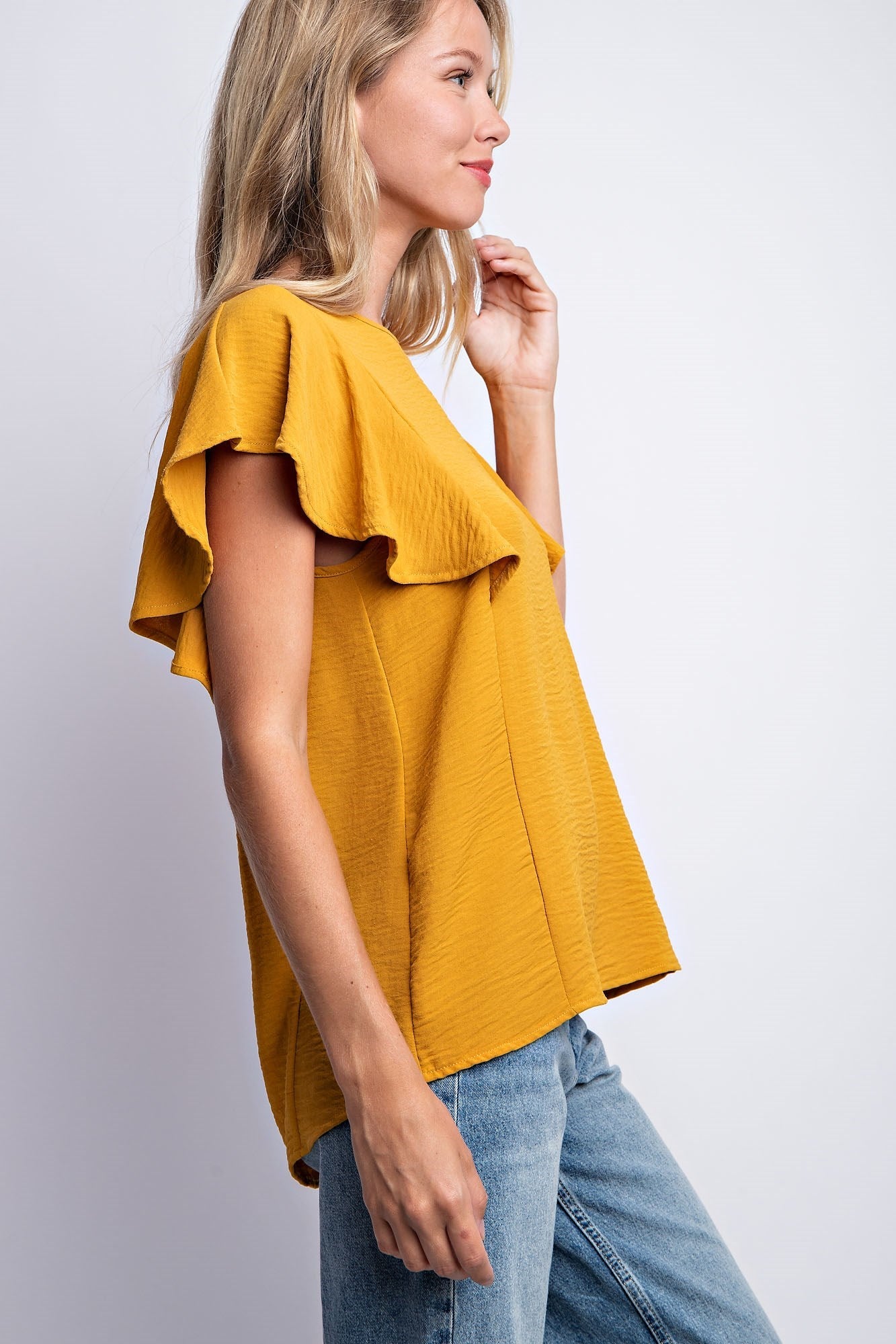 RUFFLED SLEEVE SOLID STRETCH BLOUSE