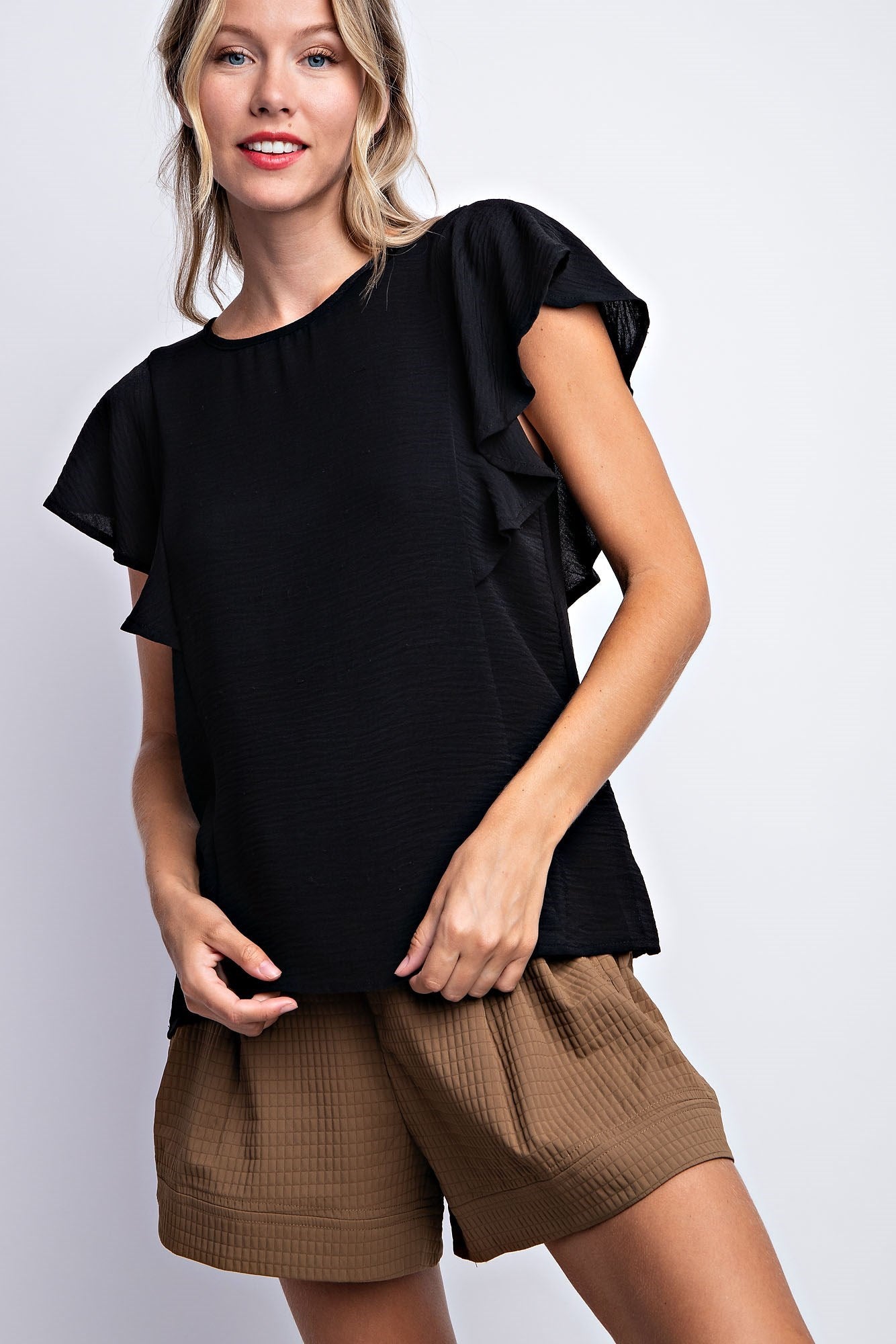 RUFFLED SLEEVE SOLID STRETCH BLOUSE