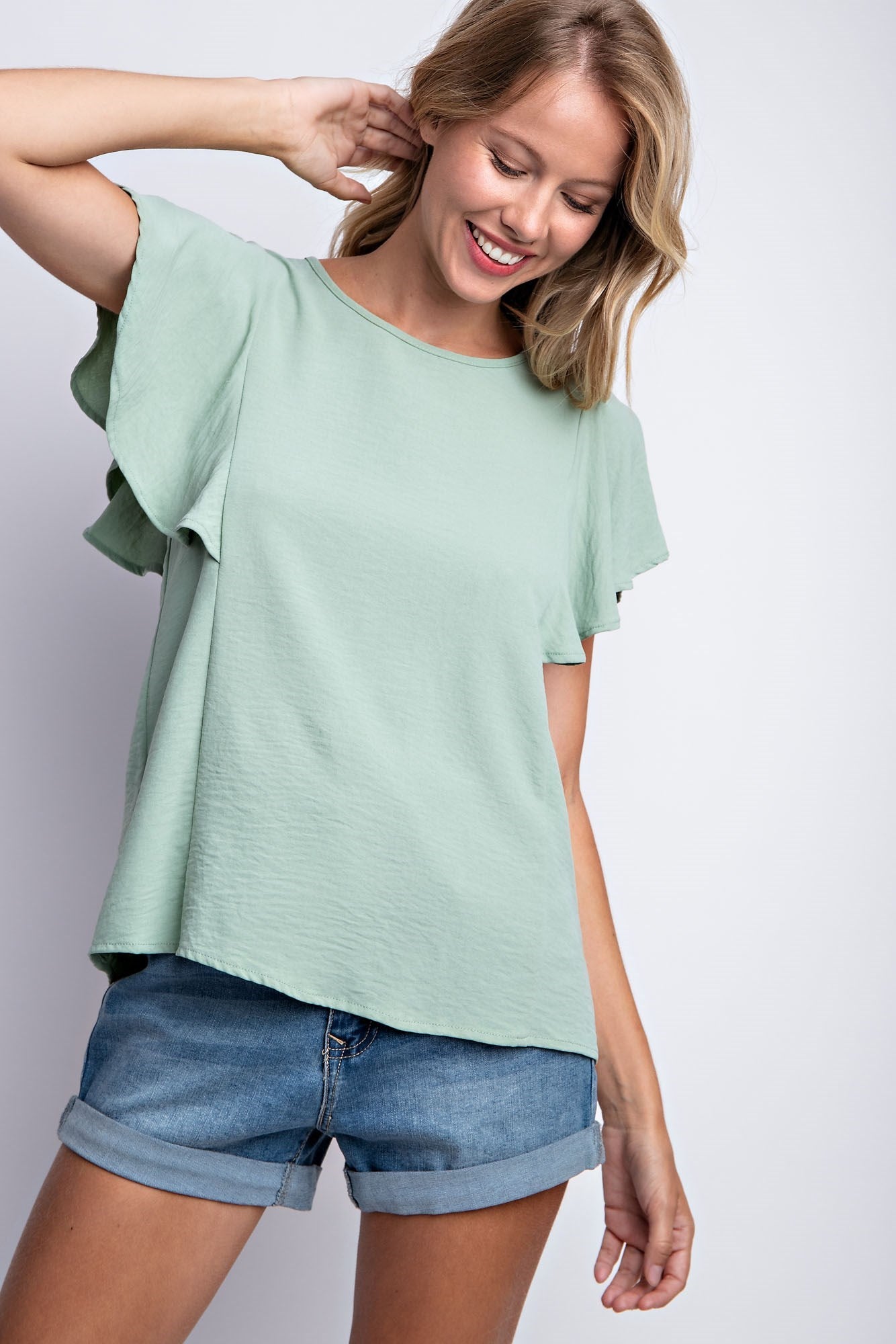 RUFFLED SLEEVE SOLID STRETCH BLOUSE