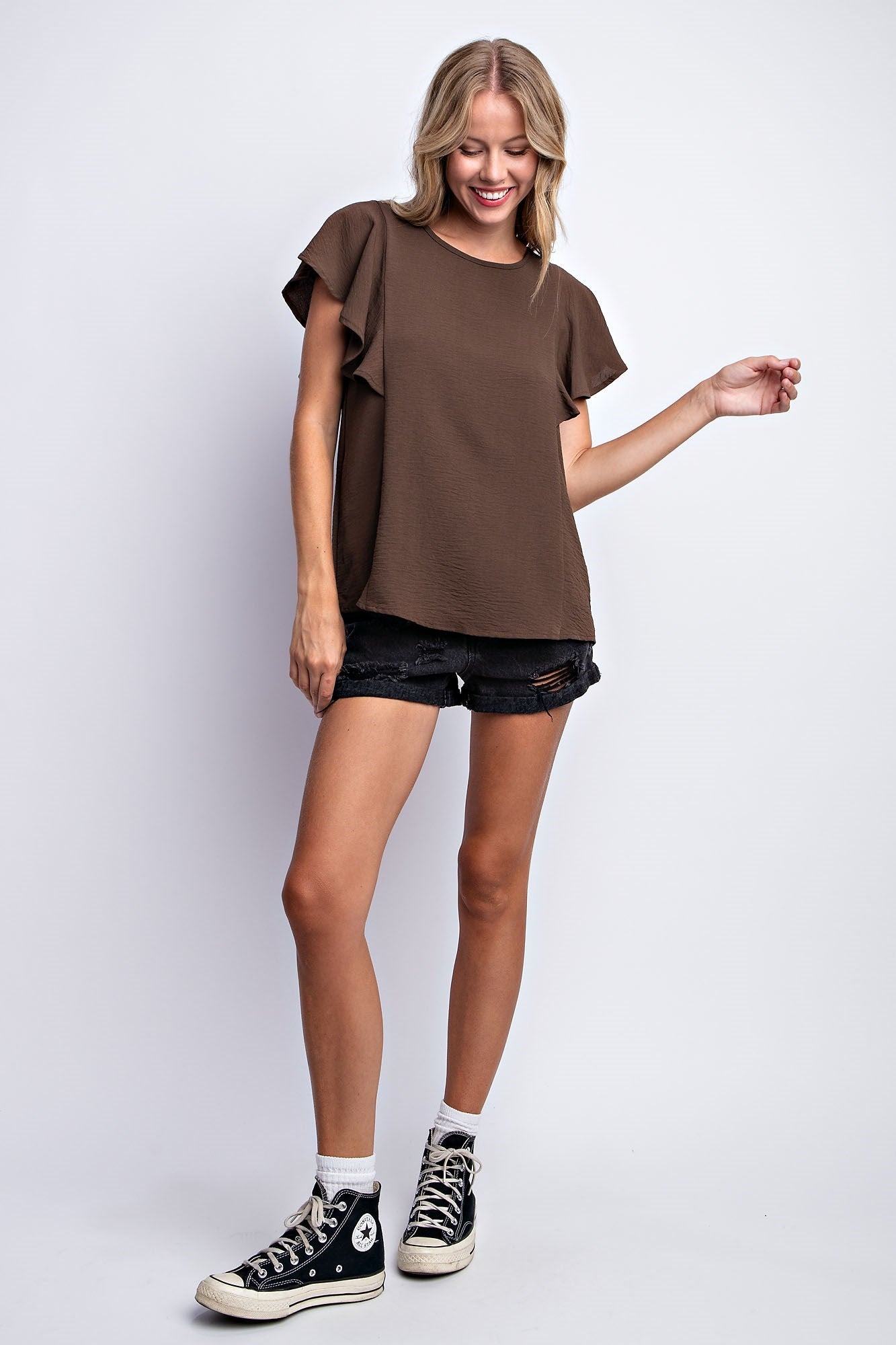 RUFFLED SLEEVE SOLID STRETCH BLOUSE
