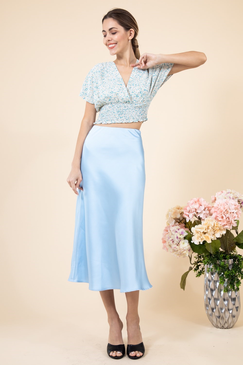 Solid Satin Midi Slip Skirt
